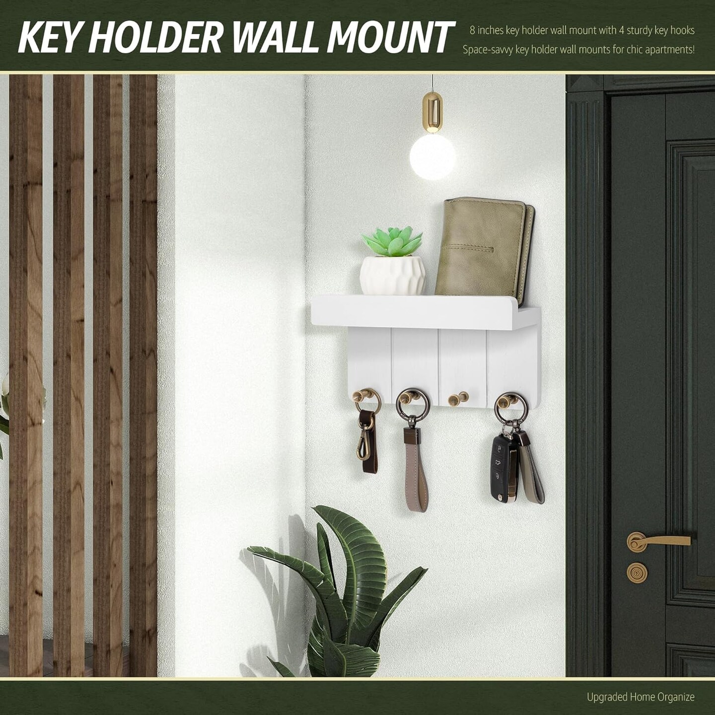 Small Key Holder Wall Mount - Aesthetic Room Decor with 4 Study Hooks and Mini Floating Shelf - Ideal Apartment Essentials for Farmhouse Living Room and Home Decor (Modern White)