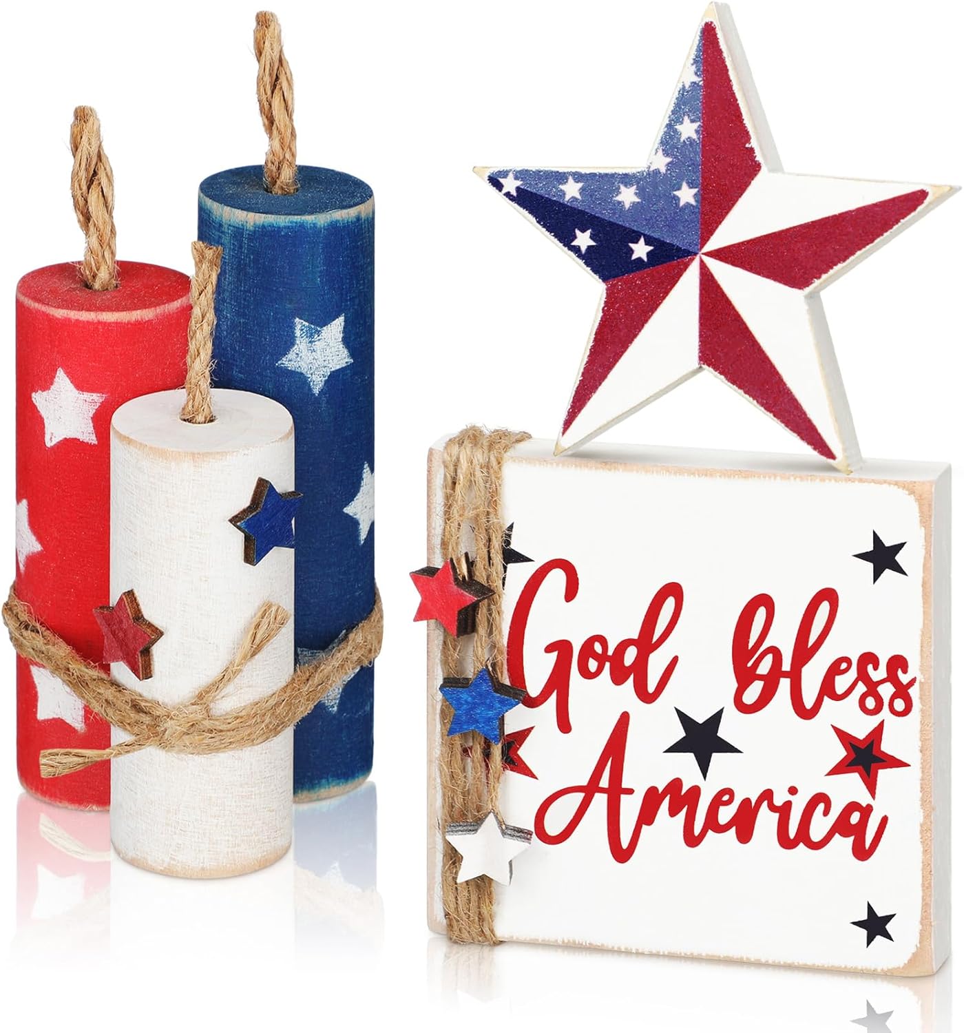 5 Pcs 4th of July Table Decorations Memorial Day Patriotic Table Centerpieces Rustic Independence Day Wood Firework Signs Tiered Tray Decor Rustic God Bless America Decor(Star)