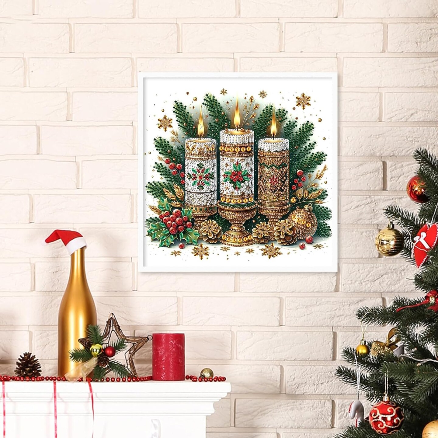 Christmas Candle 5D Special Shape Diamond Painting Kit – DIY Crystal Rhinestone Canvas for Adults, 12×12 Inch, Holiday Wall Decoration & Gift