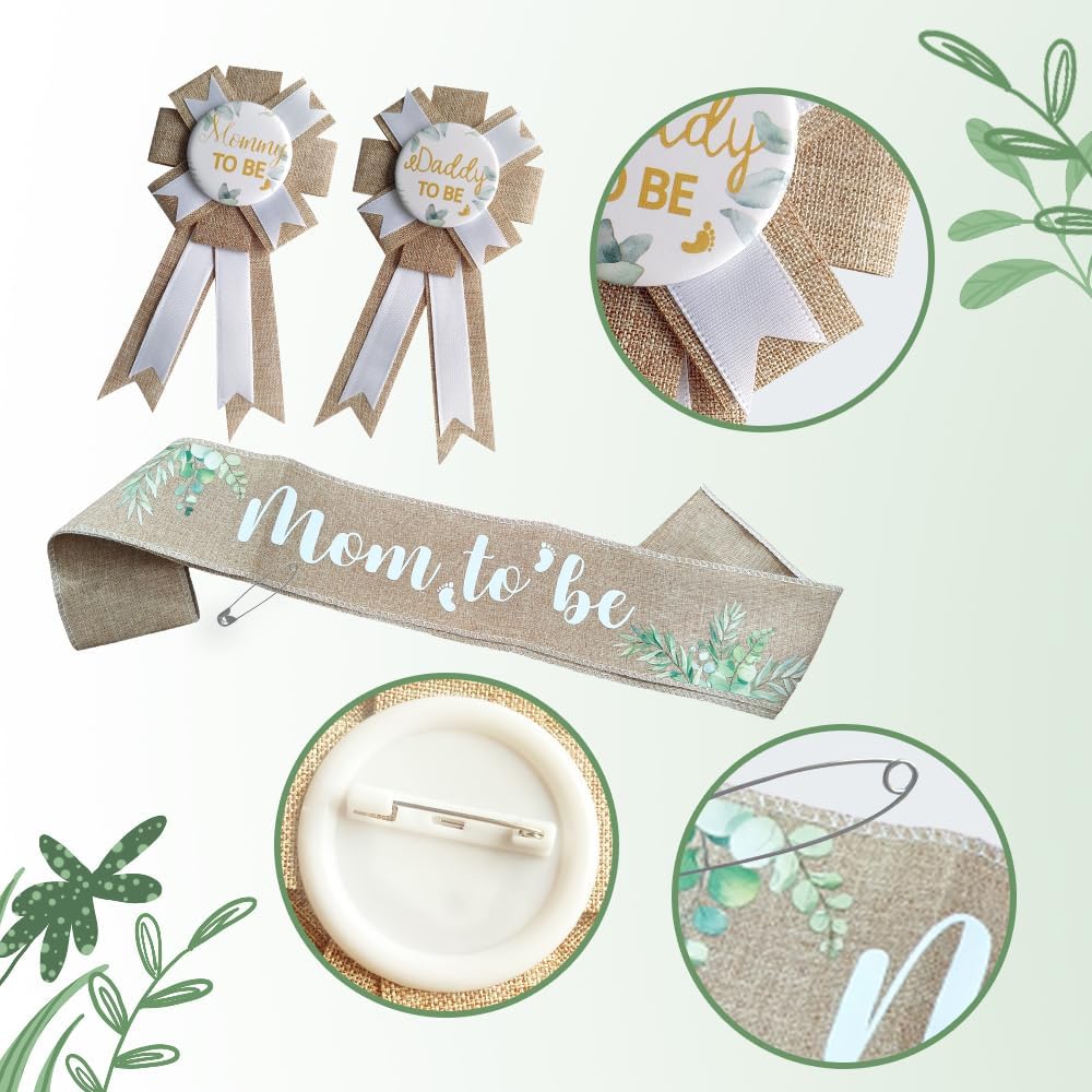 Sage Green Baby Shower Mom to Be Sash &#x26; Dad to Be Badge Set for Gender Reveals Party Decorations Mommy to Be Sash Baby Shower Photo Props Pregnant Mommy Gift
