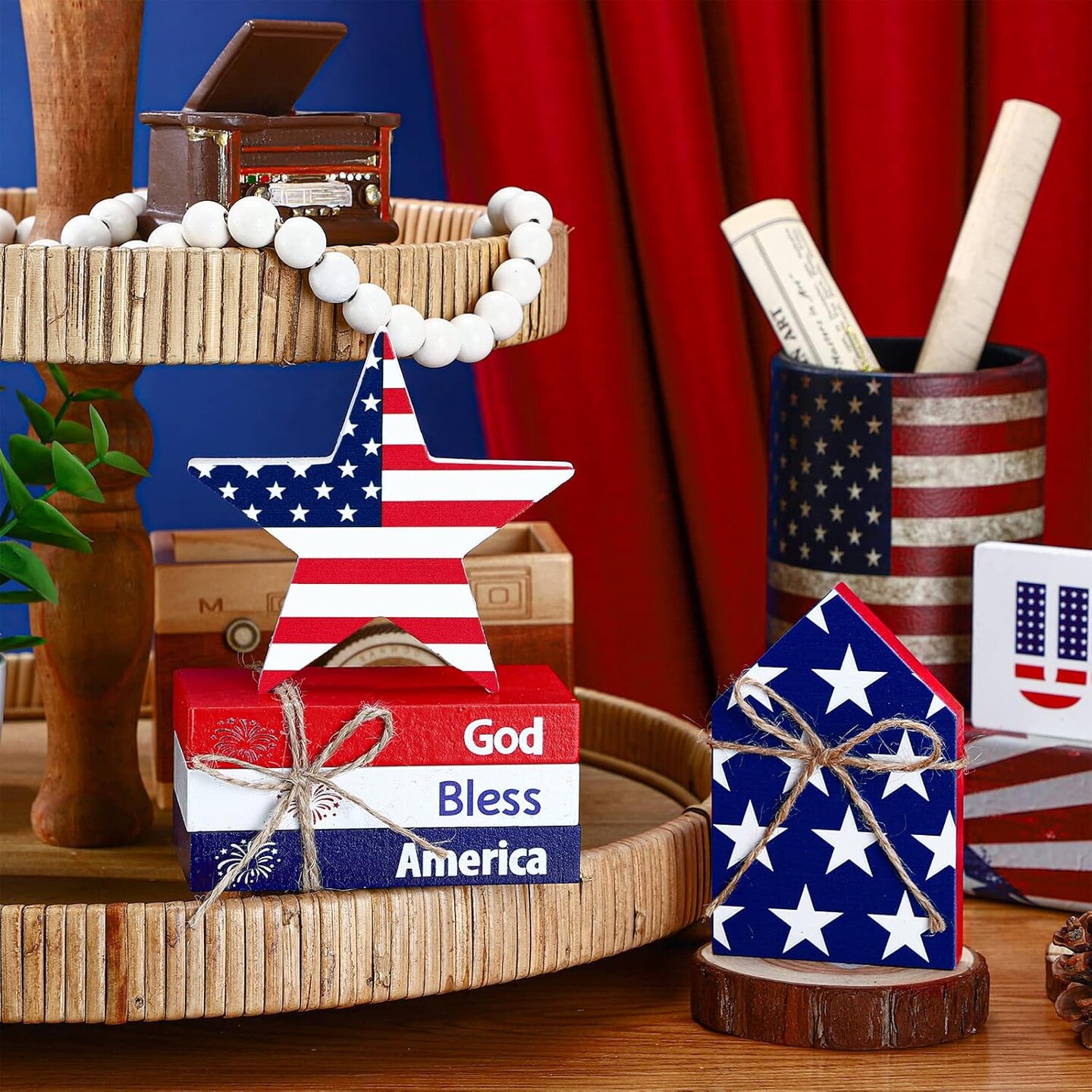 5 Pcs 4th of July Tiered Tray Decor Patriotic Table Decor Memorial Day Decorations Wooden Star Sign God Bless America Faux Book Bundle for Independence Labor Day Home Tabletop Bookshelf