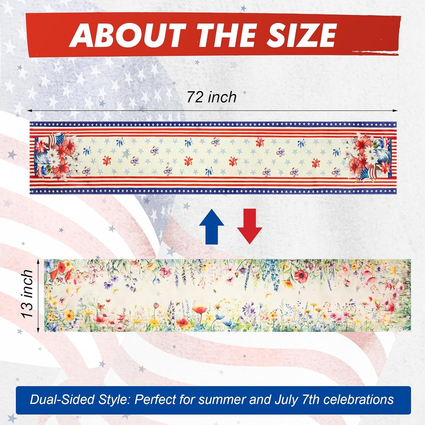 4th of July Table Runner Summer Linen Floral Table Decorations Patriotic Memorial Day Decorations Reversible Double-Sided Different Theme Holiday Kitchen Dining Home Decor(13 x 72 Inch)