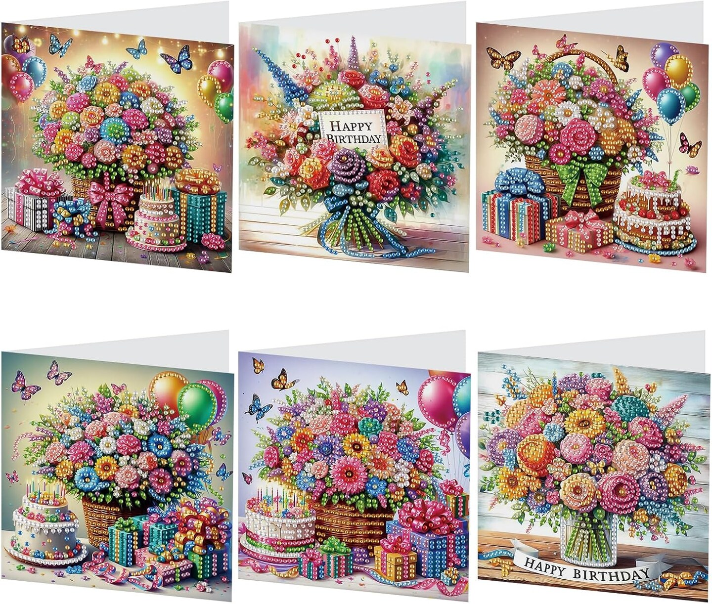 6-Piece Diamond Art Greeting Cards Set - Flower Basket & Butterfly Designs, 5D DIY Special Shape Diamond Cards, Creative Gifts for Christmas, Thanksgiving & Congratulations