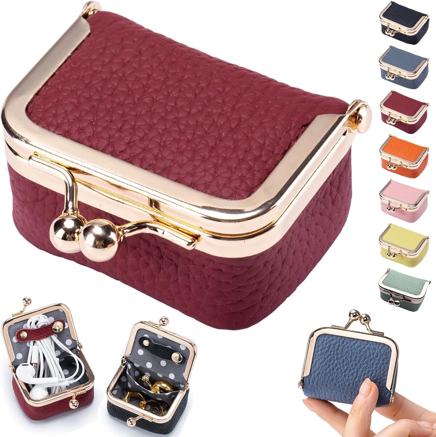 Genuine Leather Mini Jewelry Box – Vintage-Inspired Travel Organizer for Rings, Earrings, Necklaces & Bracelets, Compact Kiss Lock Case, Perfect Gift for Women (Red)