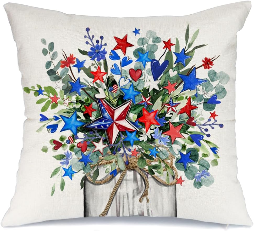 4th of July Pillow Covers 18x18 Inch Stars Floral Vase Butterfly Decor Patriotic America USA Holiday Pillow Case Independence Memorial Day Decorations for Home Sofa
