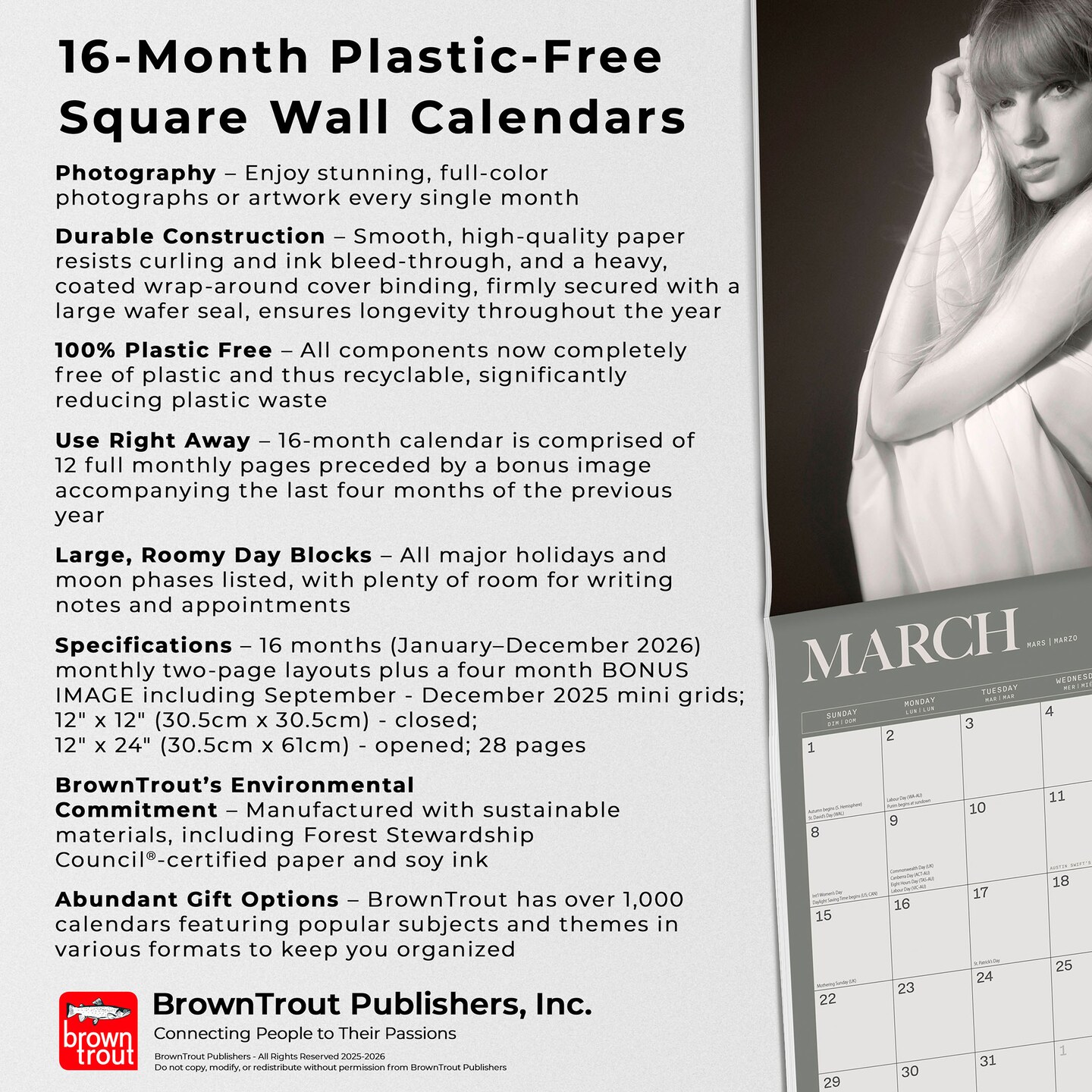 Taylor Swift OFFICIAL | 2026 12 x 24 Inch (Hanging) Monthly Square Wall Calendar | Plastic-Free | BrownTrout | Music Pop Singer Songwriter Celebrity