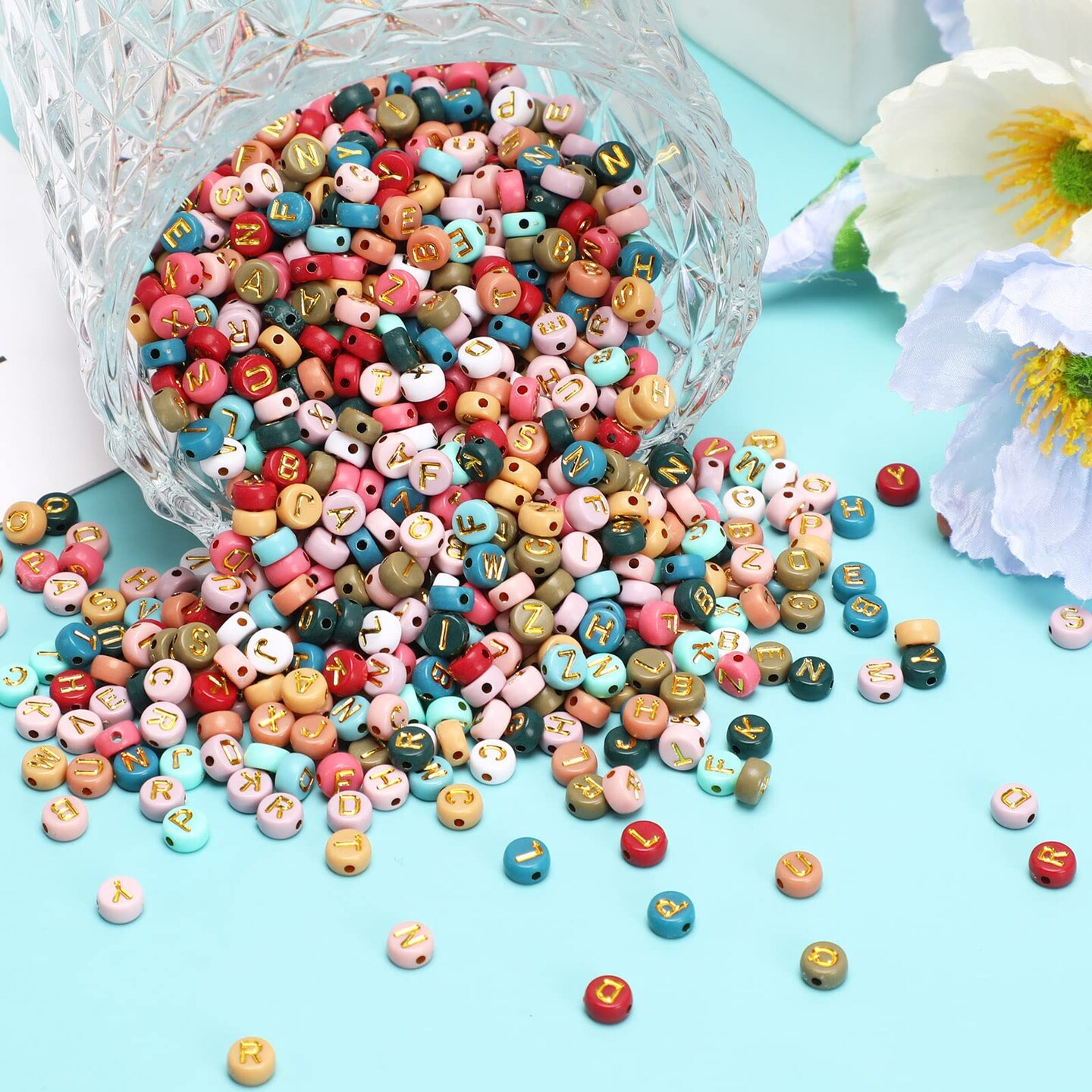 Colored Letter Beads, DECYOOL 1900Pcs 4&#xD7;7mm Colorful Gold Acrylic Alphabet Beads with 1 Roll Elastic String for Bracelet Necklace Jewelry Making Supplies