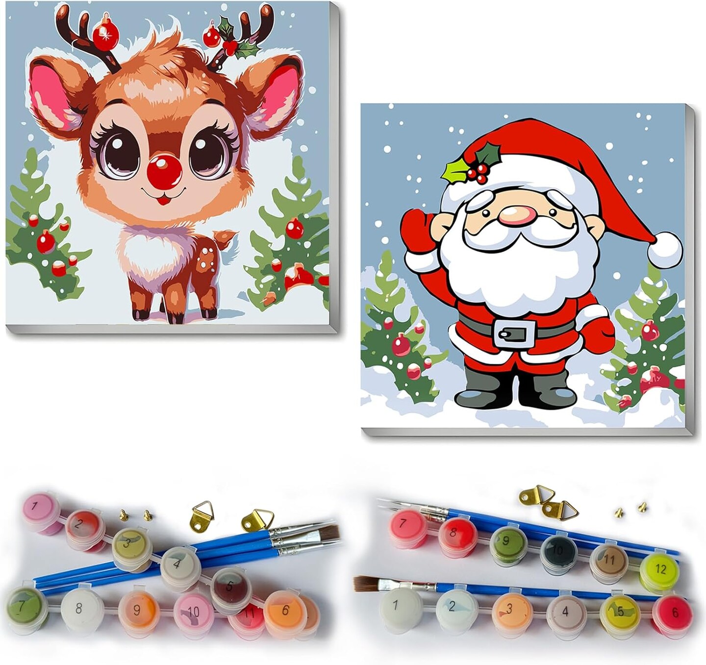 Framed Christmas Paint by Numbers Kit for Adults, 8×8 inch 2 Pack Santa Claus Adults Paint by Number Kits with Frame for Beginners Easy Christmas Color by Number on Canvas for Wall Decor Gift