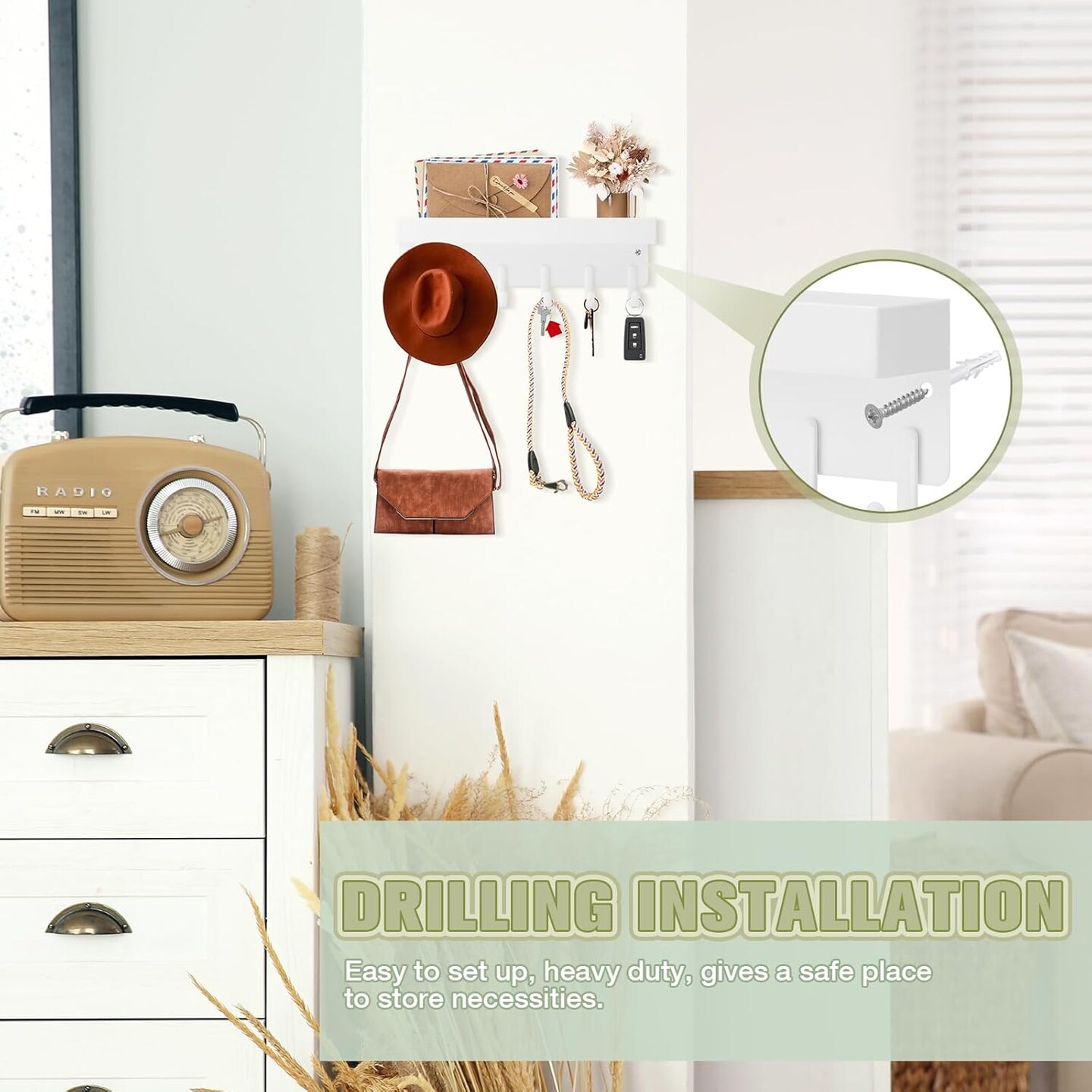 Magnetic Key Holder Wall Mount, Compact Metal Key Rack with Tray, 6 Hooks, 2 Mount Options, White