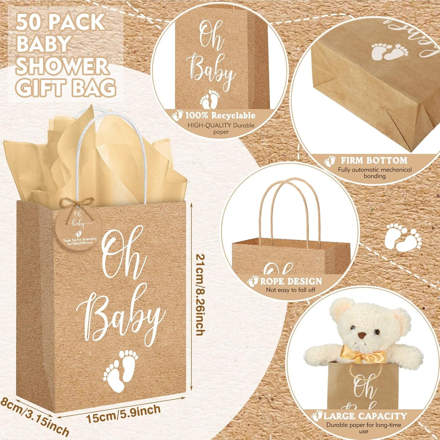 50 Pack Rustic Kraft Baby Shower Gifts Bag with Tissue Papers Baby Shower Paper Bags with Handle and 50 Tissue Tags Twine for Guests Gifts Gender Reveal Favors