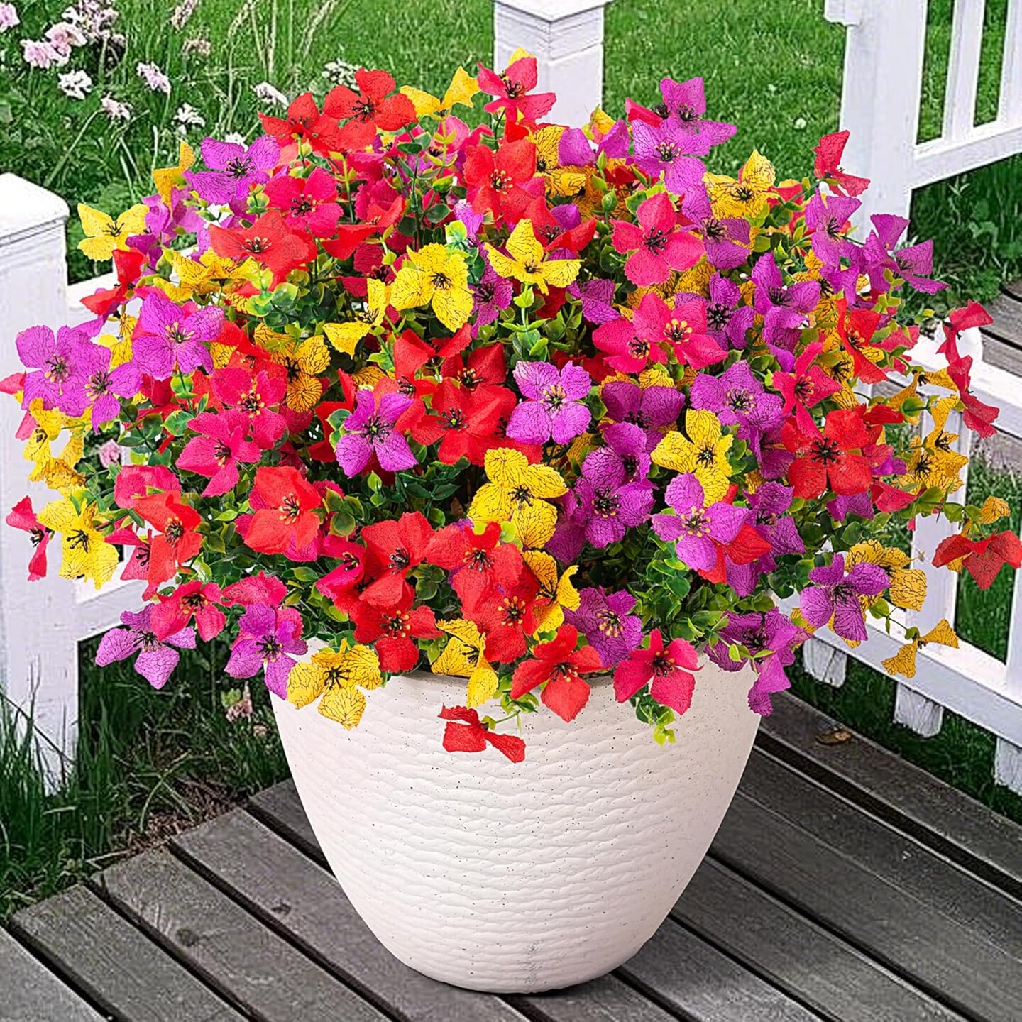 12-Bundle Artificial Outdoor Flowers – Faux Silk Colorful Daisies and Eucalyptus, UV-Resistant Realistic Plants for Spring/Summer Home, Planters, Porch, and Yard Decor (Mixed Colors)