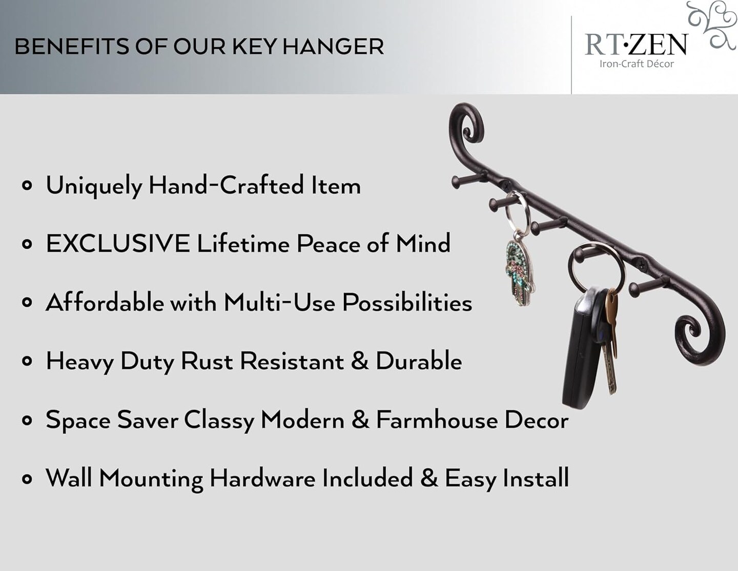 Farmhouse Small Key Holder for Wall - Handcrafted Swirl Decorative 5 Key Hooks for Home Entryway - Wrought Iron Wall Mount Rack Purse Coat and Leash Holder or Organizer (Classic Black)