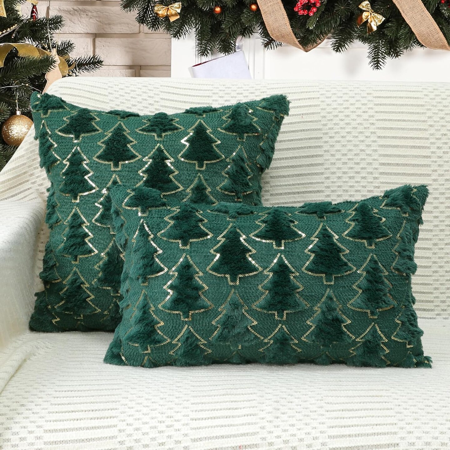 Christmas Tree Decorative Pillow Covers 18x18 Set of 2, Green Soft Plush Faux Fur Farmhouse Throw Cushion Cases for Xmas Winter Holiday Home Decorations