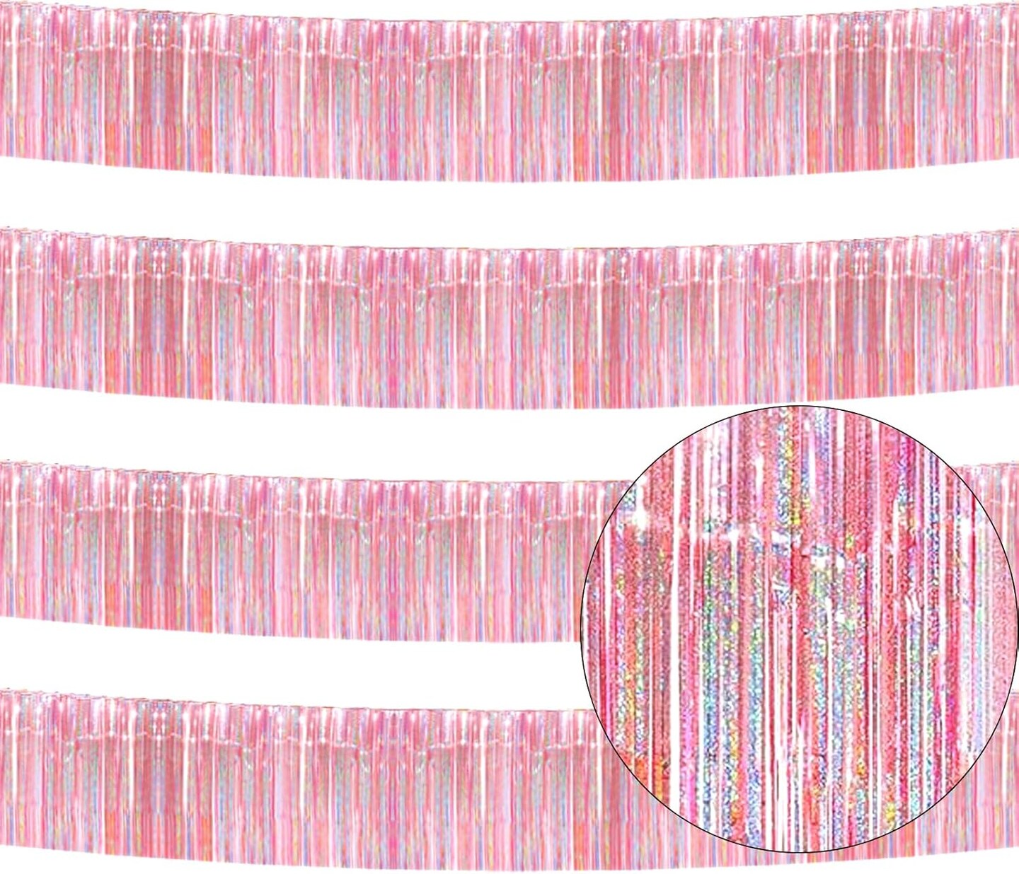 4 Pack Total 40 Feet Foil Fringe Garland Metallic Tinsel Banner Wall Hanging Drapes Parade Float Skirting Decorations for Trailer Mardi Gras Party Birthday Wedding (Iridescent Pink)
