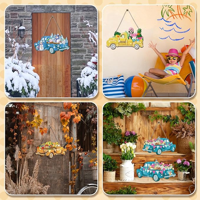12 Pcs Holiday Truck Diamond Art Wreath Trucks Diamond Painting Hanging Signs 5d DIY Seasonal Ornaments for Summer 4th of July Independence Day Patriotic Holiday Decor