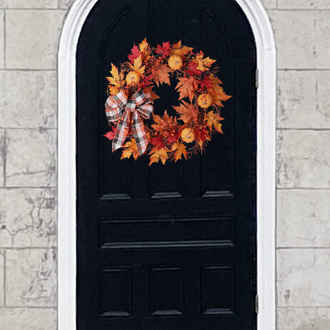 Haute Decor Lighted Wreath with Auto Timer 24 Inch Halloween Pumpkin Plaid Harvest Wreath - Natural Grapevine with 30 Warm White LED Lights - Fall Front Door Decor