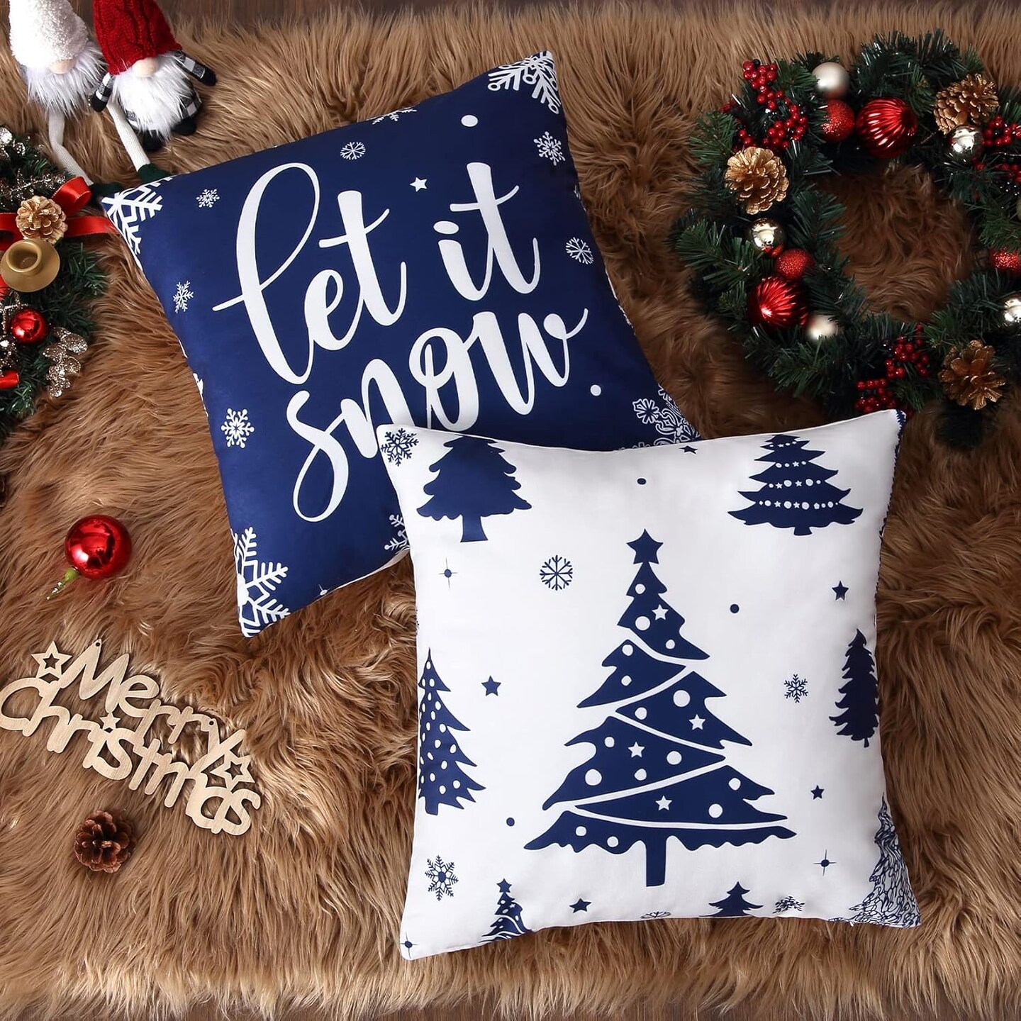 Christmas Decorations Velvet Pillow Covers 18x18 Inch Set of 4 Farmhouse Outdoor Decorative Pillows Winter Holiday Decor Snowflake Xmas Tree Deer Throw Cushion Covers for Sofa Couch, Blue