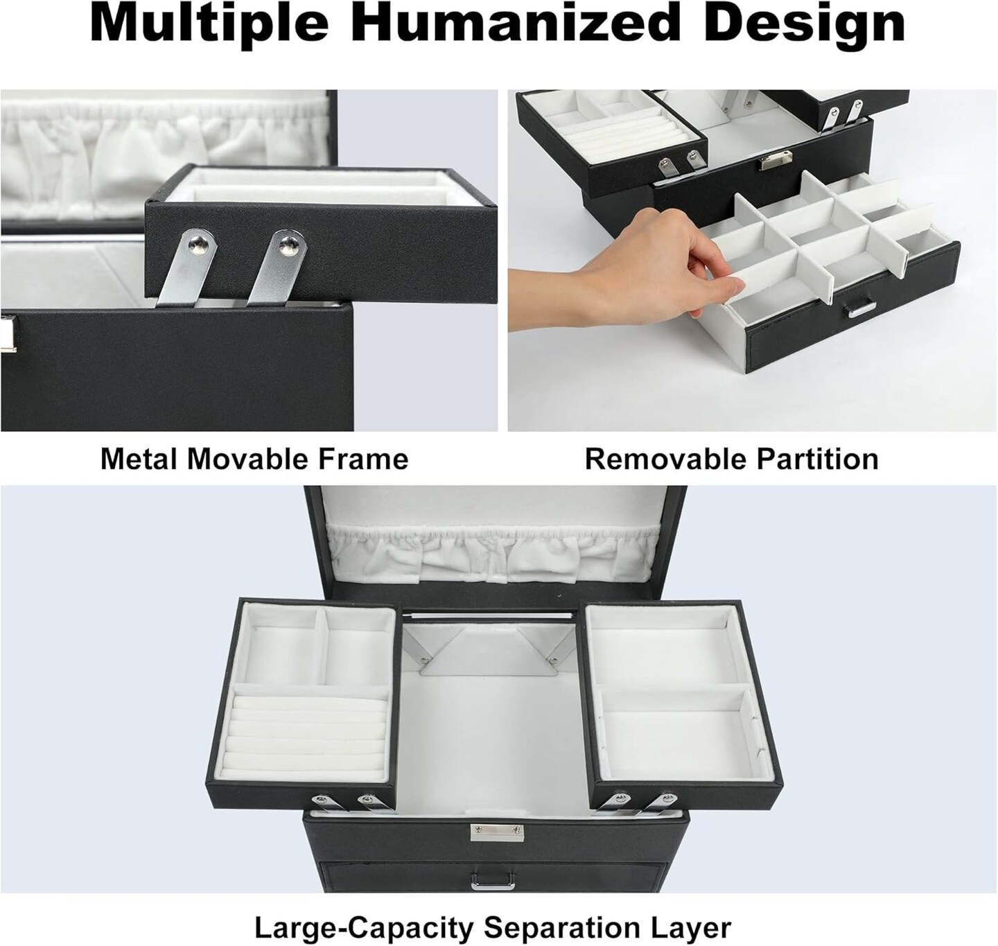 Jewelry Box for Women & Girls – 3-Layer Jewelry Organizer for Earrings, Rings, Necklaces, and Bracelets (Black)