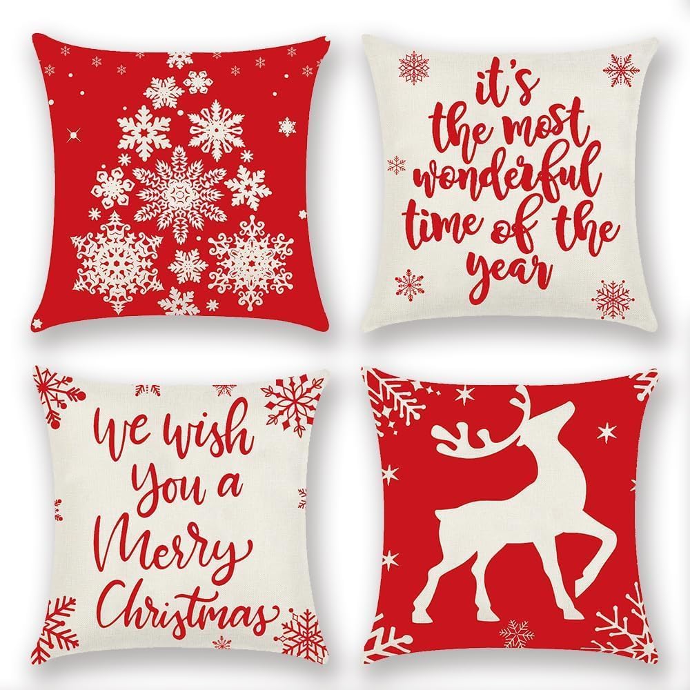 Christmas Throw Pillow Covers 18x18, Christmas Pillows Cover for Patio Couch, Reindeer Snowflake Merry Christmas Holiday Xmas Winter Pillow Case for Christmas Decoration, 4 Pack