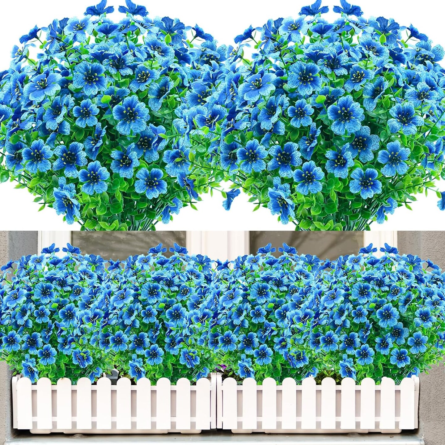8-Bundle Artificial Outdoor Flowers – UV-Resistant Faux Plastic Plants for Garden, Porch, Window Boxes, and Home Decor (Blue)