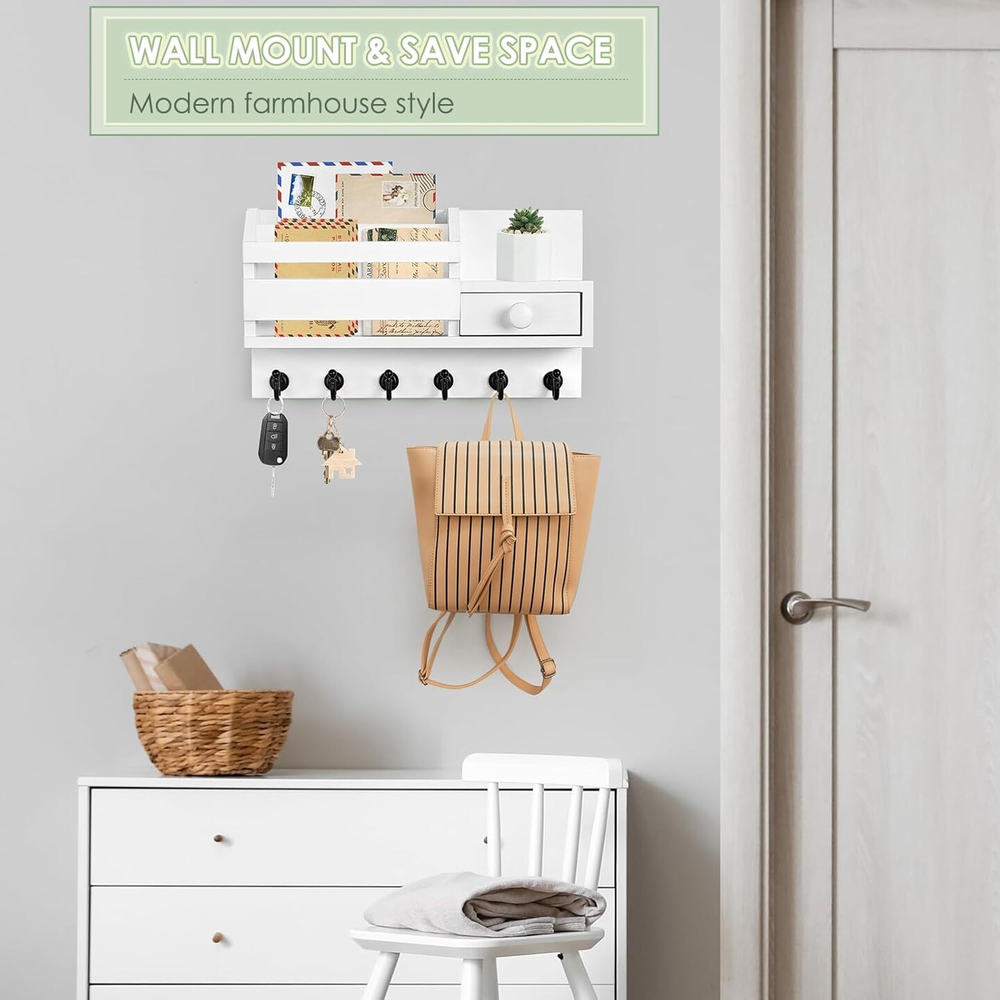 Key Holder Wall Mount, Wooden Mail and Key Organizer with Drawer and Shelf, 2 Slots, 6 Hooks, White