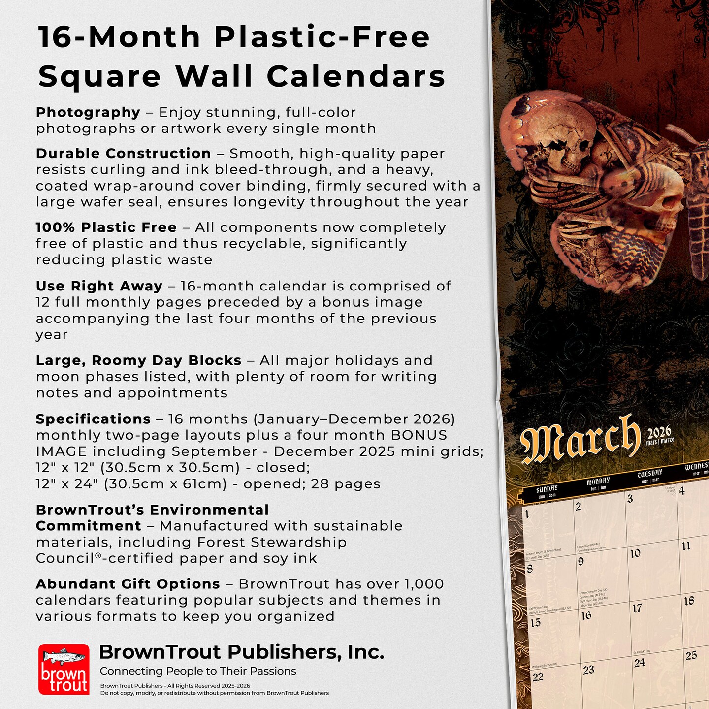 Gothic Alchemy OFFICIAL | 2026 12 x 24 Inch (Hanging) Monthly Square Wall Calendar | Plastic-Free | BrownTrout | Manchester Artists Anti Jewellery Design