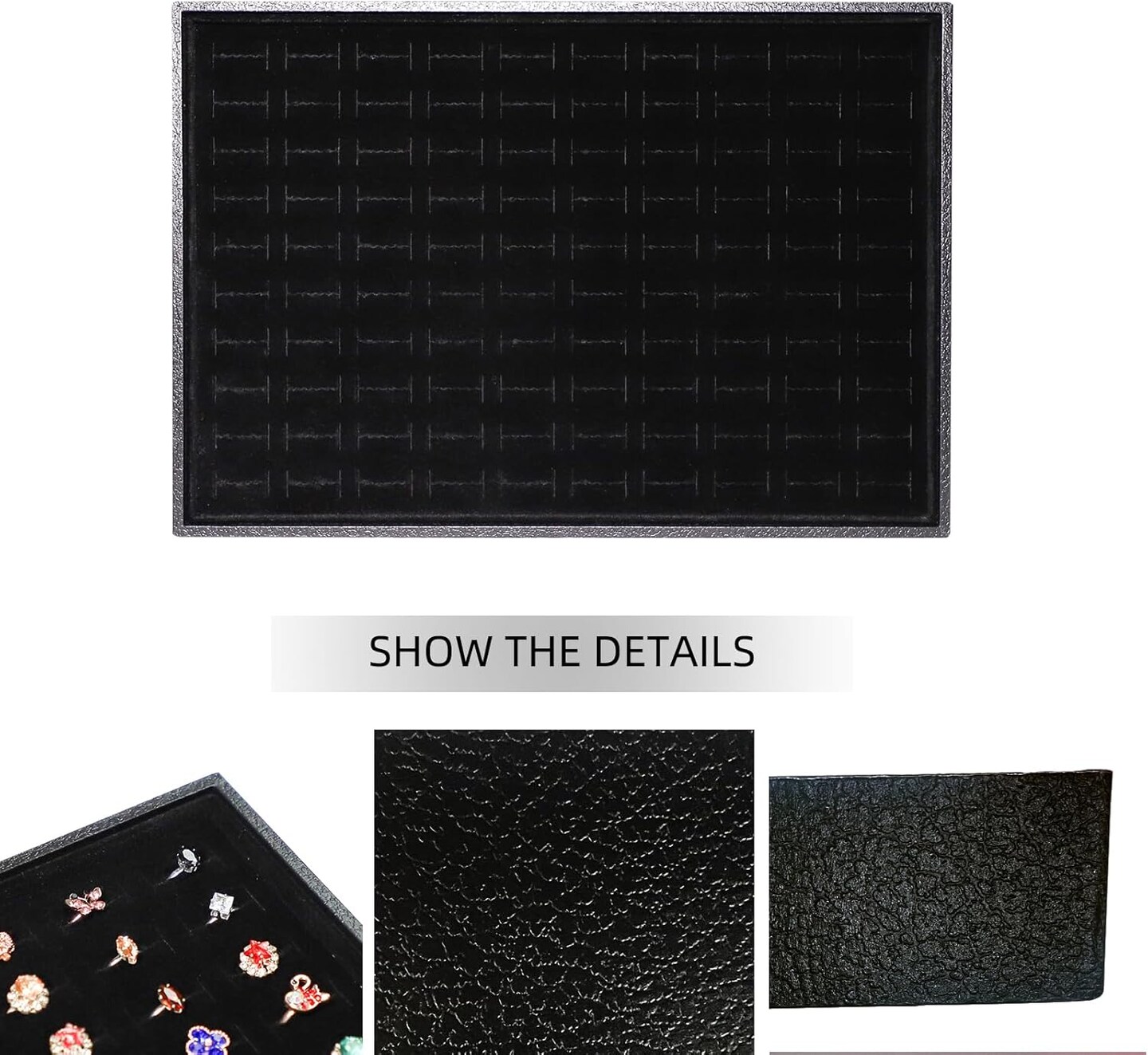 Ring Holder Organizer Tray – 100 Slots Black Velvet Stackable Jewelry Storage Tray for Rings & Earrings, Drawer Insert Display Case for Home & Retail (Black)