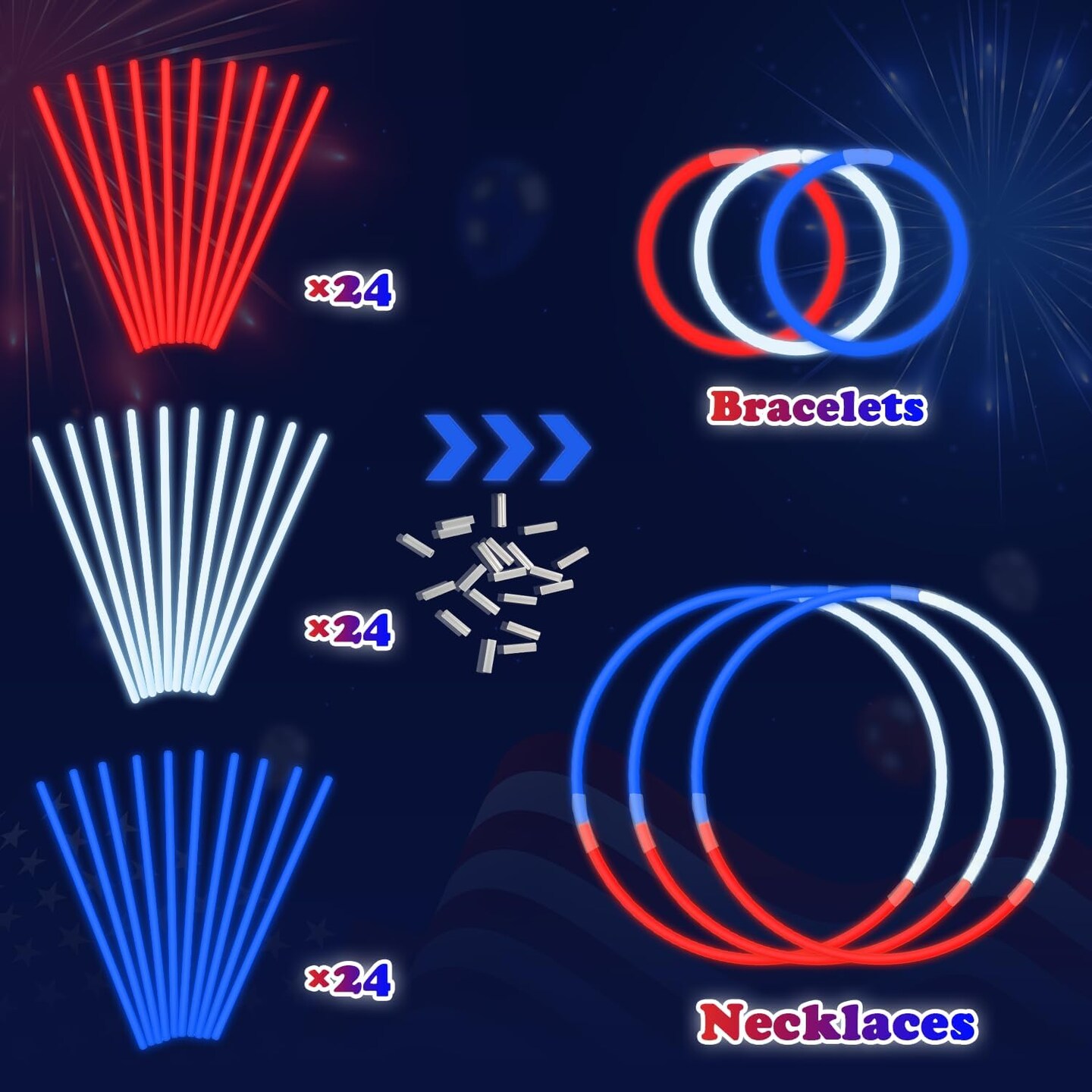 Fourth of July Memorial Day Accessories for Kids, 72 PCS Red White Blue Glow Sticks Party Favors Supplies, Patriotic Treat Goodie Gift Bag Stuffers, Light Up Party Toys Stuff Decor for 4th of July