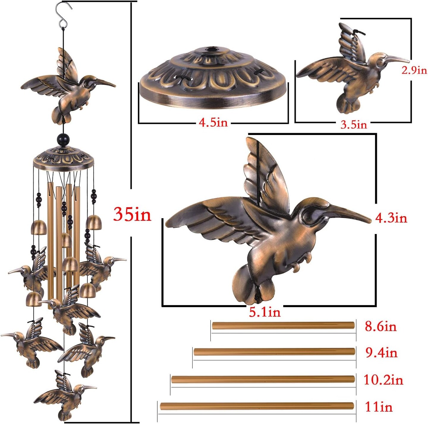 Hummingbird Wind Chimes for Garden, Gifts for Mom, Home, Balconies, Room, Patio, Indoor, Outdoor Decoration, Wind Catcher, Bronze Memorial Wind Bell, Bird Wind Chimes Decor