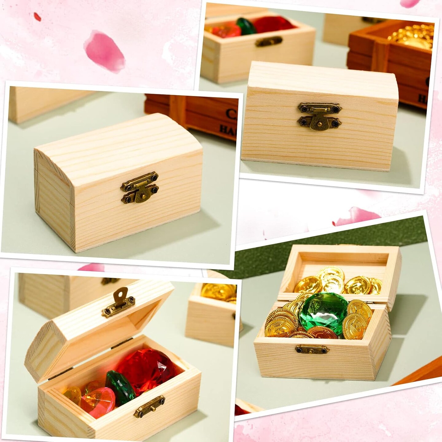 Unfinished Wood Treasure Chest with 10 Paintbrushes, Small Treasure Craft Boxes with Locking Clasp Wooden Storage Box