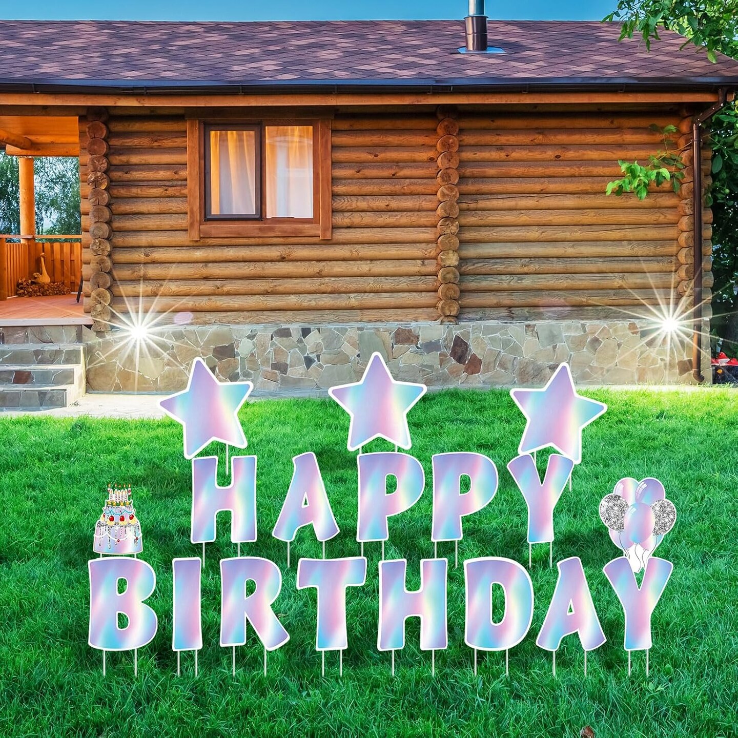 18 Pcs Iridescent Happy Birthday Yard Sign with Stakes Shiny Happy Birthday Yard Lawn Signs Cake Balloon Star Outdoor Birthday Yard Decorations for Birthday Party Supplies, Laser Color