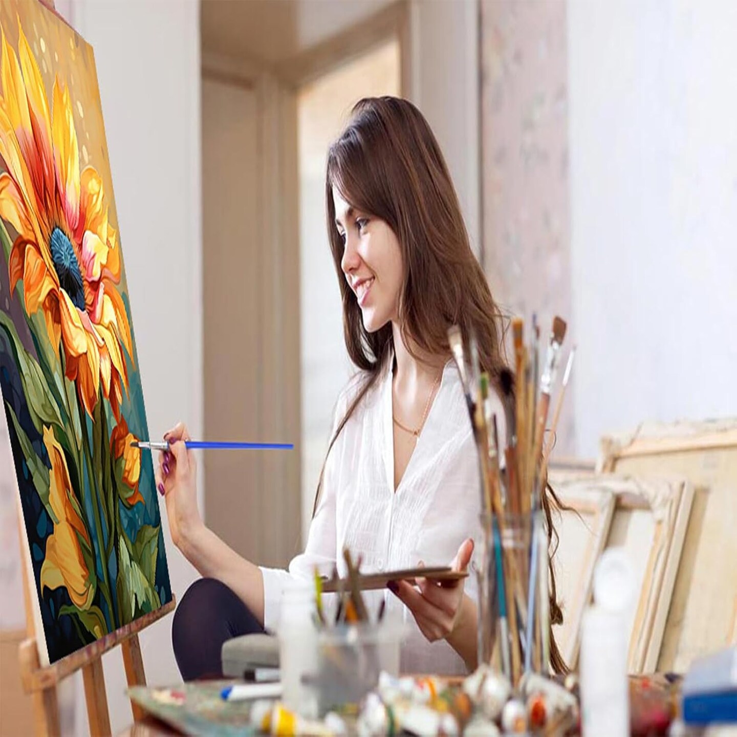 Paint by Numbers Sunflower for Adults Beginners with Frame,Sunflower Acrylic Adult Paint by Number Kits on Canvas,Abstract Landscape Digital Oil Number Painting Kits for Home Decor