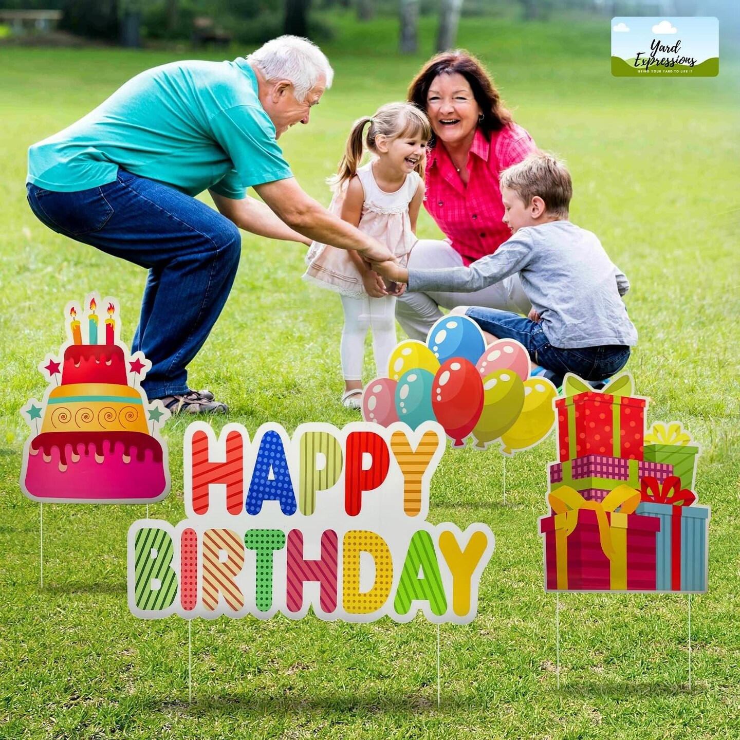Yard Expressions 4pc Happy Birthday Yard Signs with Stakes - Easy to Install Happy Birthday Yard Sign - Large 16&#x22; Waterproof Birthday Sign Yard &#x2013; Durable, Reusable &#x26; Colourful Happy Birthday Lawn Sign