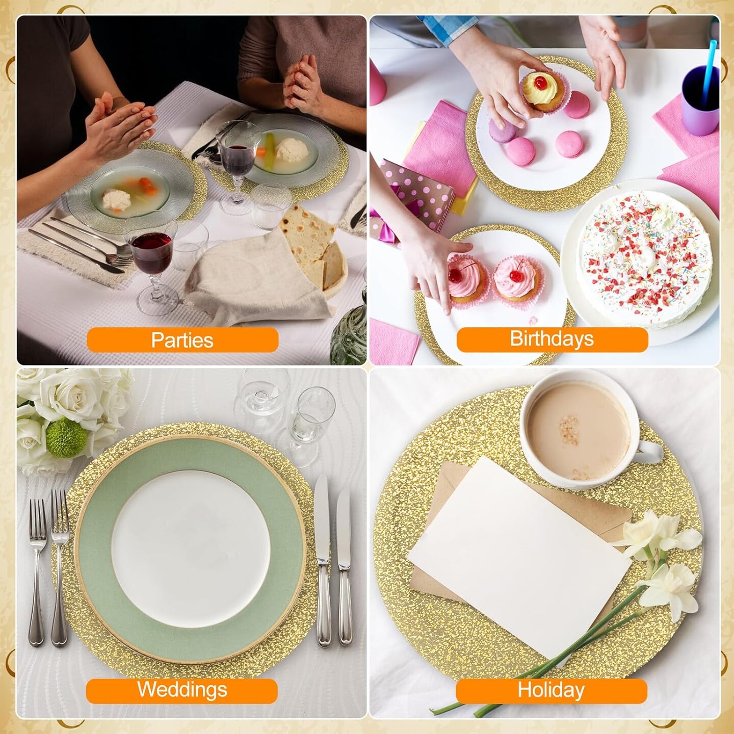 100 Piece Gold Placemats 13 Inch Disposable Gold Foil Place Mats Round Mesh Pressed Paper Placemat