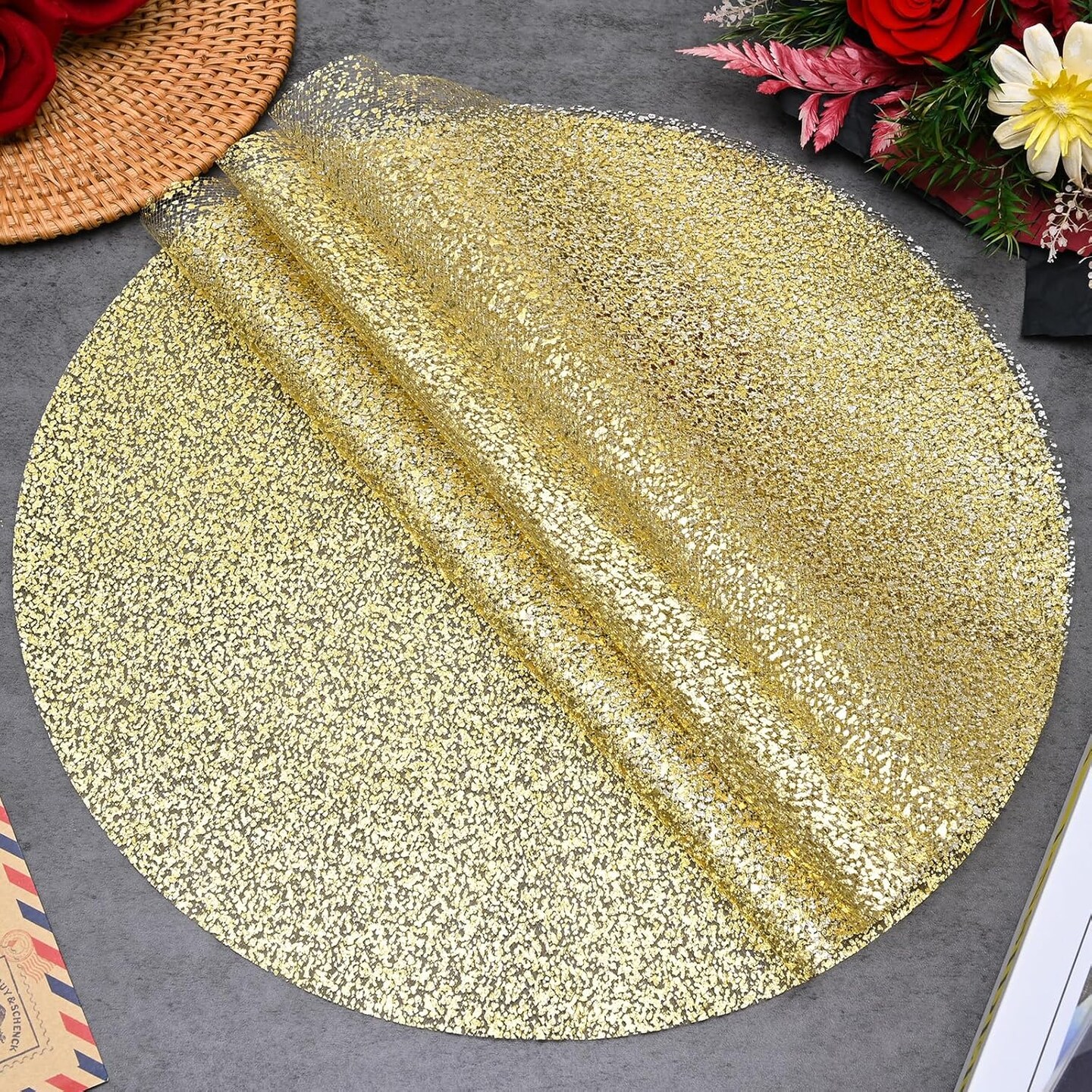 50 Piece Gold Placemats Disposable Round Table Mat 13 Inch Gold Foil Babys Breath Mesh Pressed Foil Paper Placemat Tablecloths Table Runner for Party Wedding Home Dinners Table Decor