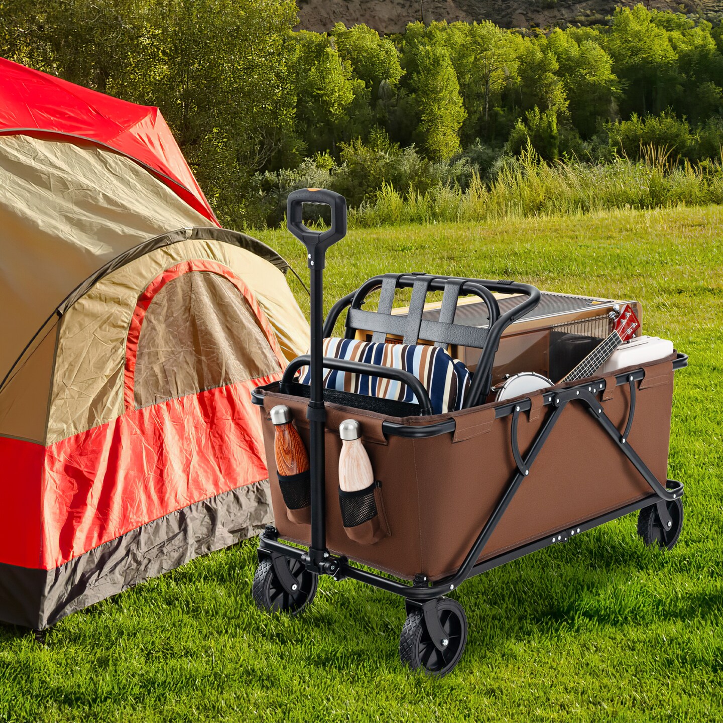 Metal Folding Utility Wagon Cart with Adjustable Handle and Wheels