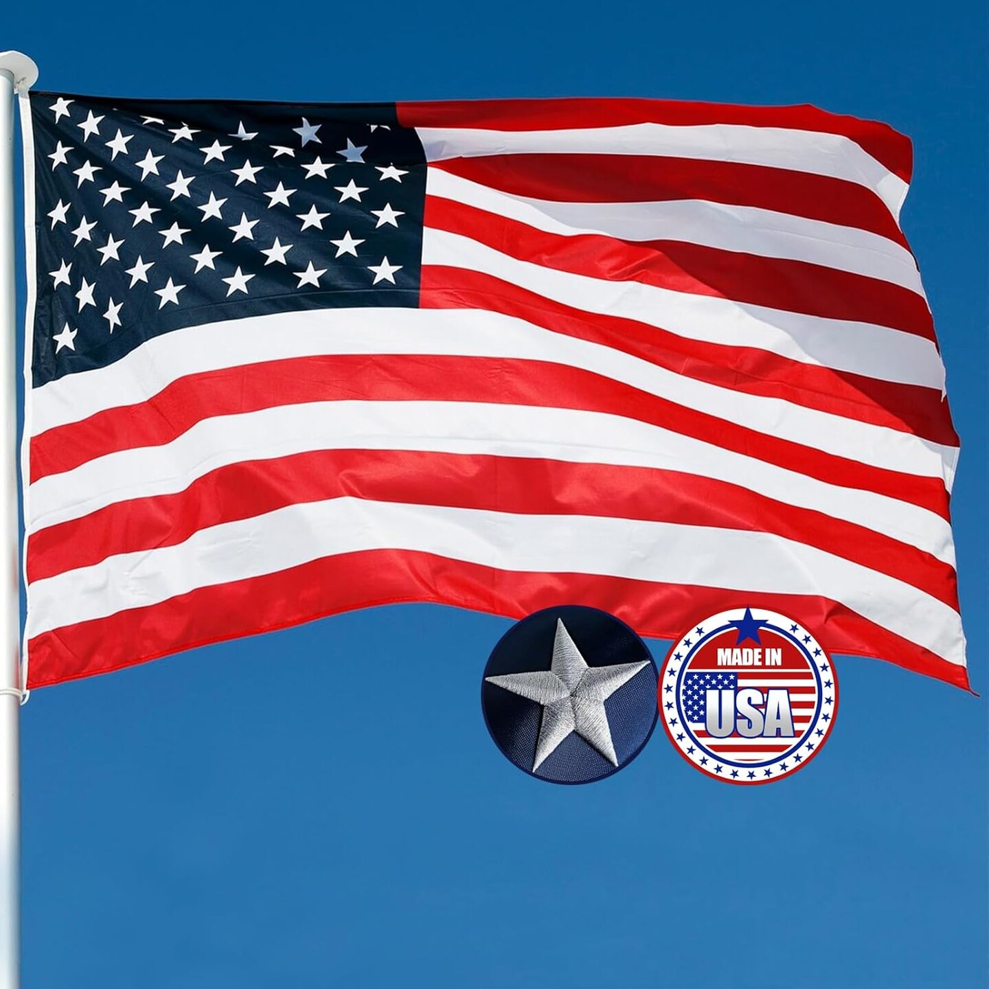 American Flag 2x3 Ft for Outdoor, Made In USA Durable US Flags, Heavy Duty Outdoor American Flag, The Strongest, Longest Lasting, 2x3 Embroidered American Flags Perfect for Outdoor (2 Brass Grommets)