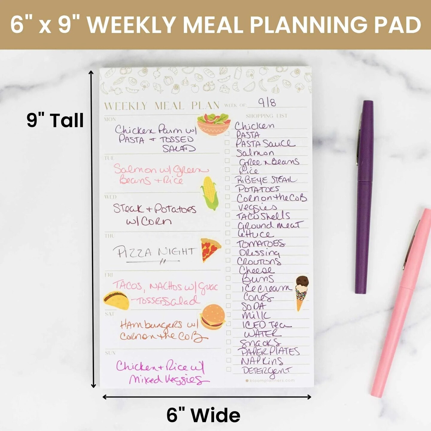 bloom daily planners Weekly Meal Planning Pad with Magnets 6 x 9 Modern Gold