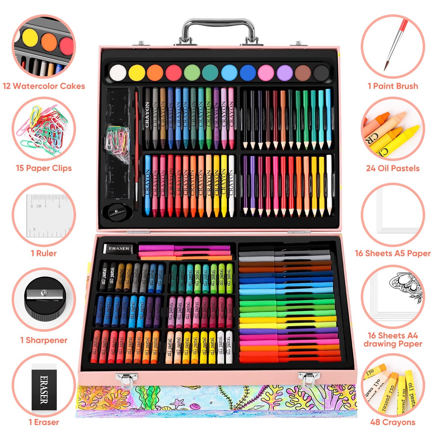 Arts and Crafts Supplies, 183-Pack Drawing Painting Set for Kids Girls Boys Teens, Coloring Art Kit Gift: Crayons, Oil Pastels, Watercolors Cake, Colored Pencils Markers, Sketch Paper