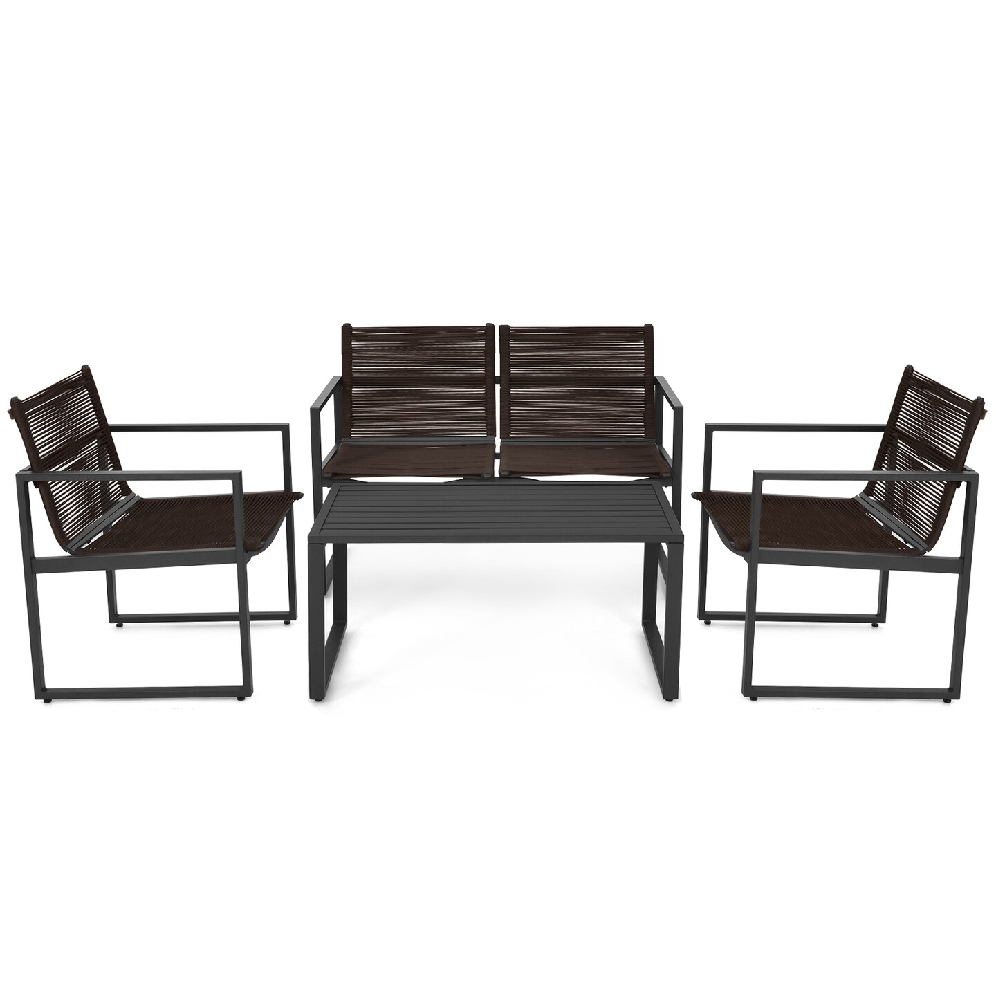 Black-Brown Steel Patio 4-Piece Sofa Set with Loveseat and Coffee Table