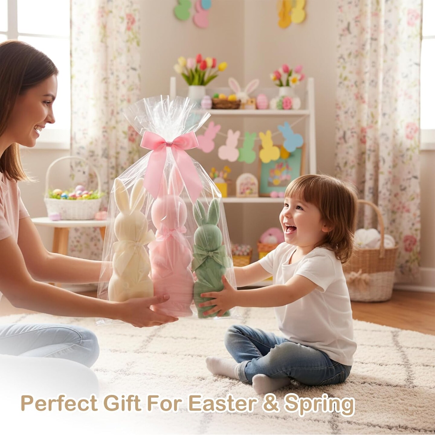 3PCS Flocked Bunny Easter Decorations with Bow Ties, Pastel Rabbit Figurines for Easter Centerpieces, Spring Home Tabletop Shelf Decor & Seasonal Gift (Pink, Beige, Green)