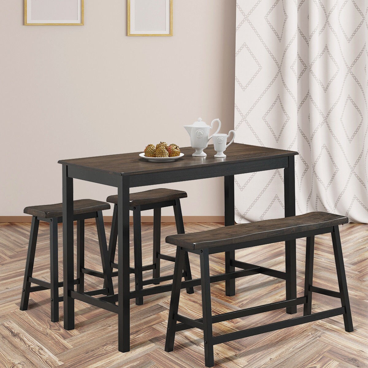 Costway 4 Pcs Solid Wood Counter Height Table Set w/ Height Bench & Two Saddle Stools