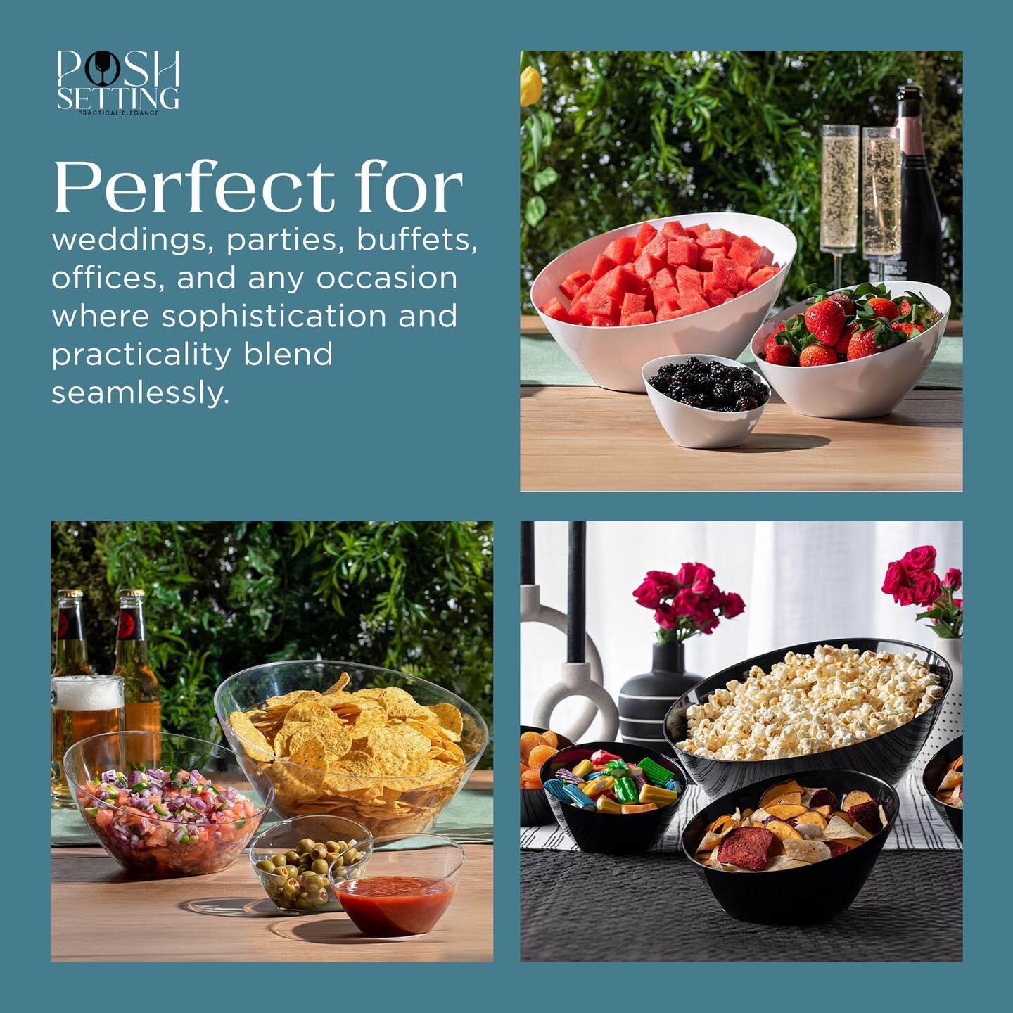 Posh Setting - Clear Plastic Serving Bowls for Party Angled Bowls Disposable Chip Bowls Candy Bowls for Party Table Salad and Fruit Bowls for Party Wedding Serving Bowls-Clear, 8 OZ, 5 Pack