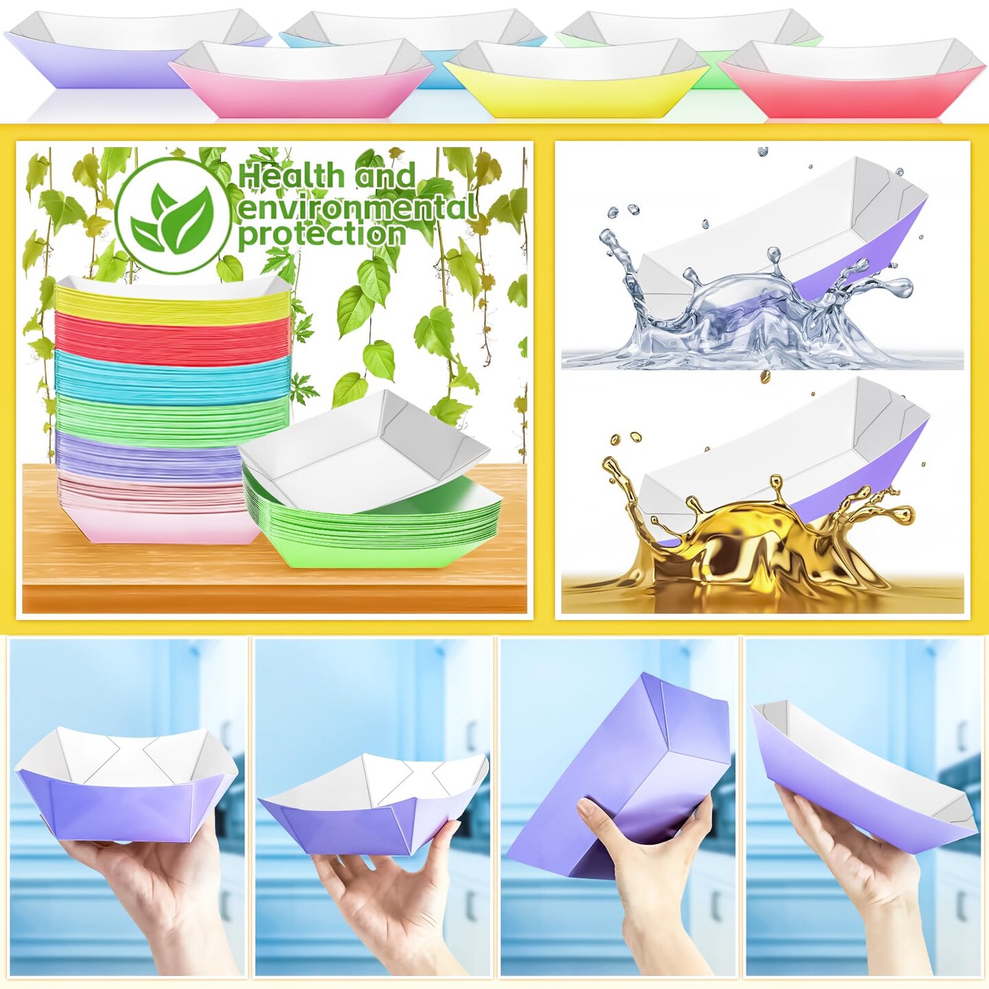 MotBach 100 Pack 3 LB Colorful Paper Food Boat Trays Disposable Paper Boats, Food Boats Colored Paper Food Serving Boat Tray Basket for Snack Burger BBQ Popcorn Taco Fries Carnival Festival Nacho