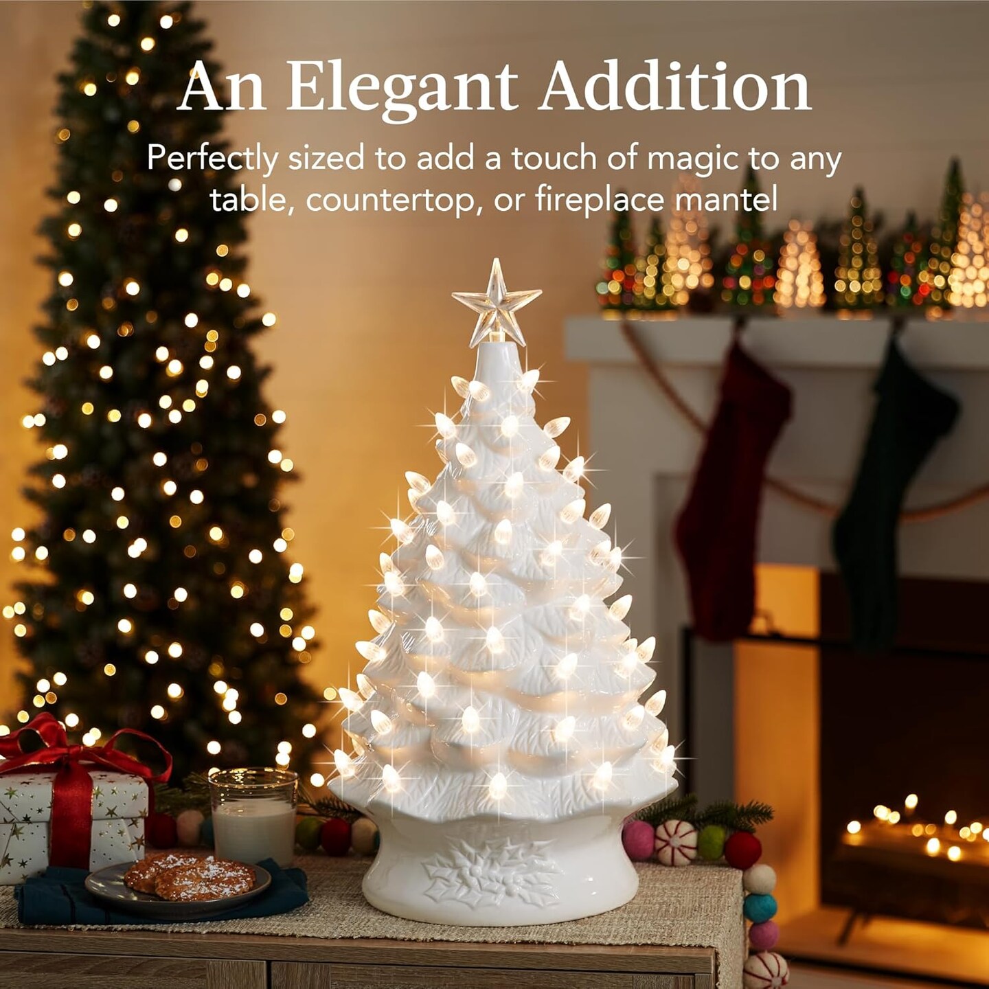 Ceramic Christmas Tree, Hand Painted Green Tabletop Tree with 74 Multicolor LED Bulbs &#x26; Star Topper