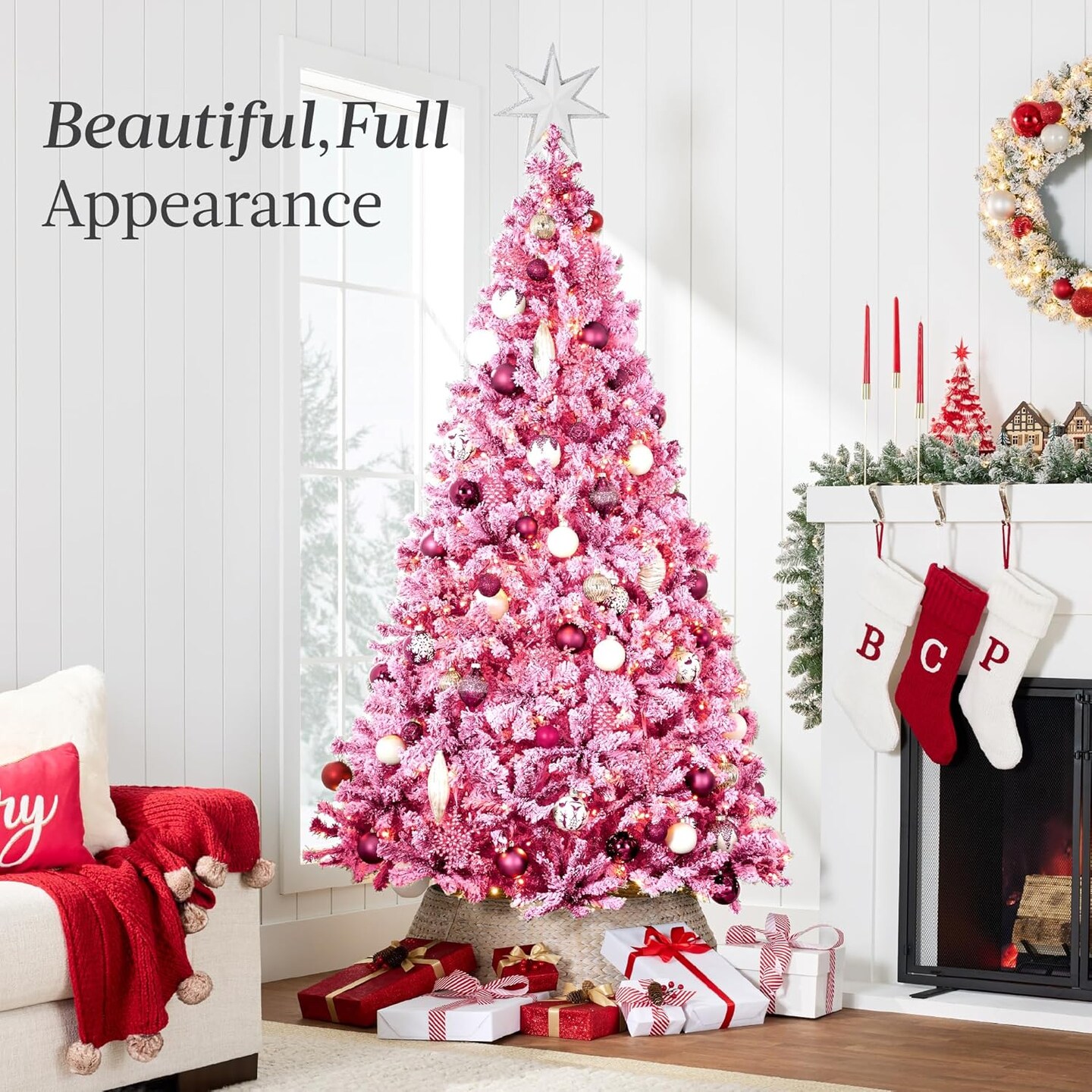 Snow Flocked Christmas Tree Full Pine with 250 White &#x26; Multicolor LED Lights, 928 Tips &#x26; Foot Switch Control