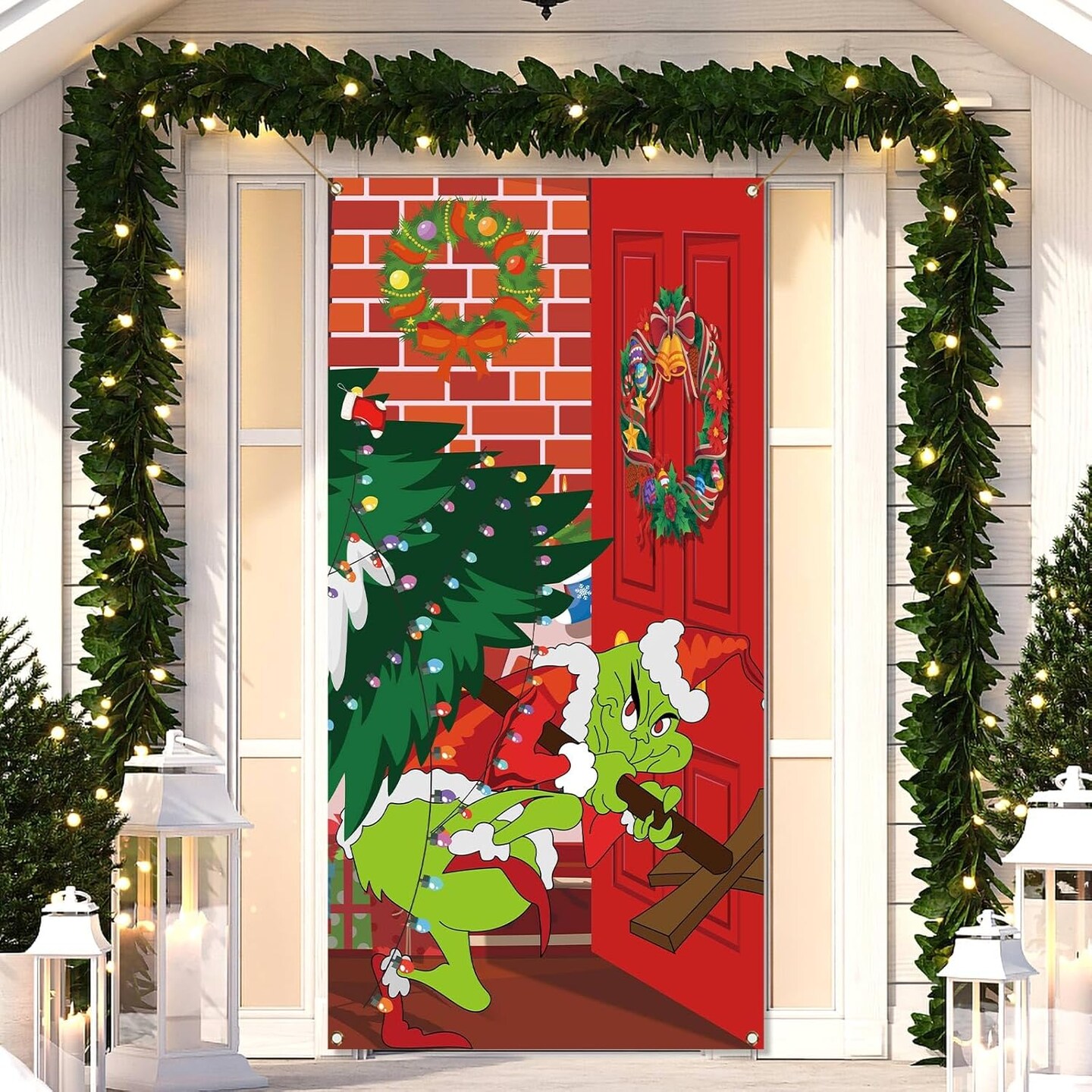 Christmas Door Cover Xmas Winter Holiday Party Decoration Front Porch Sign(Red and Green)70.87"L x 35.43"W