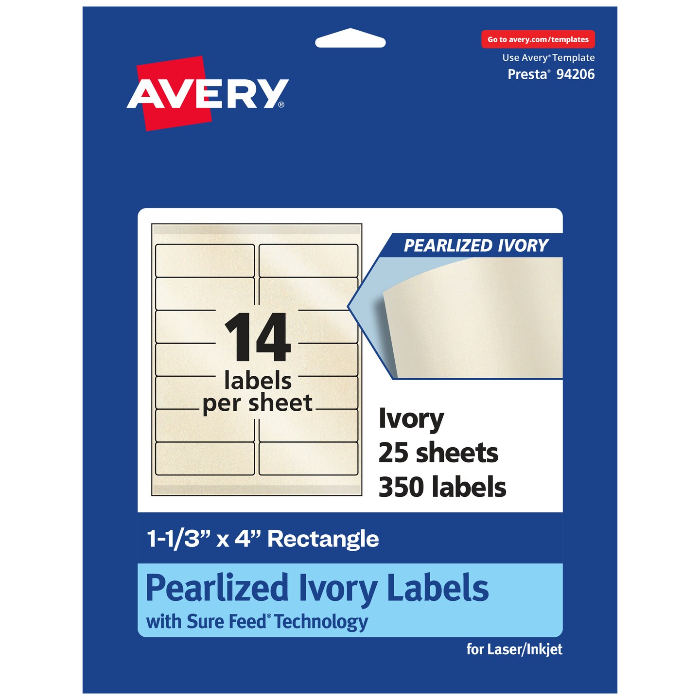 Avery Pearlized Ivory Rectangle Labels with Sure Feed Technology, 1-1/3" x 4"