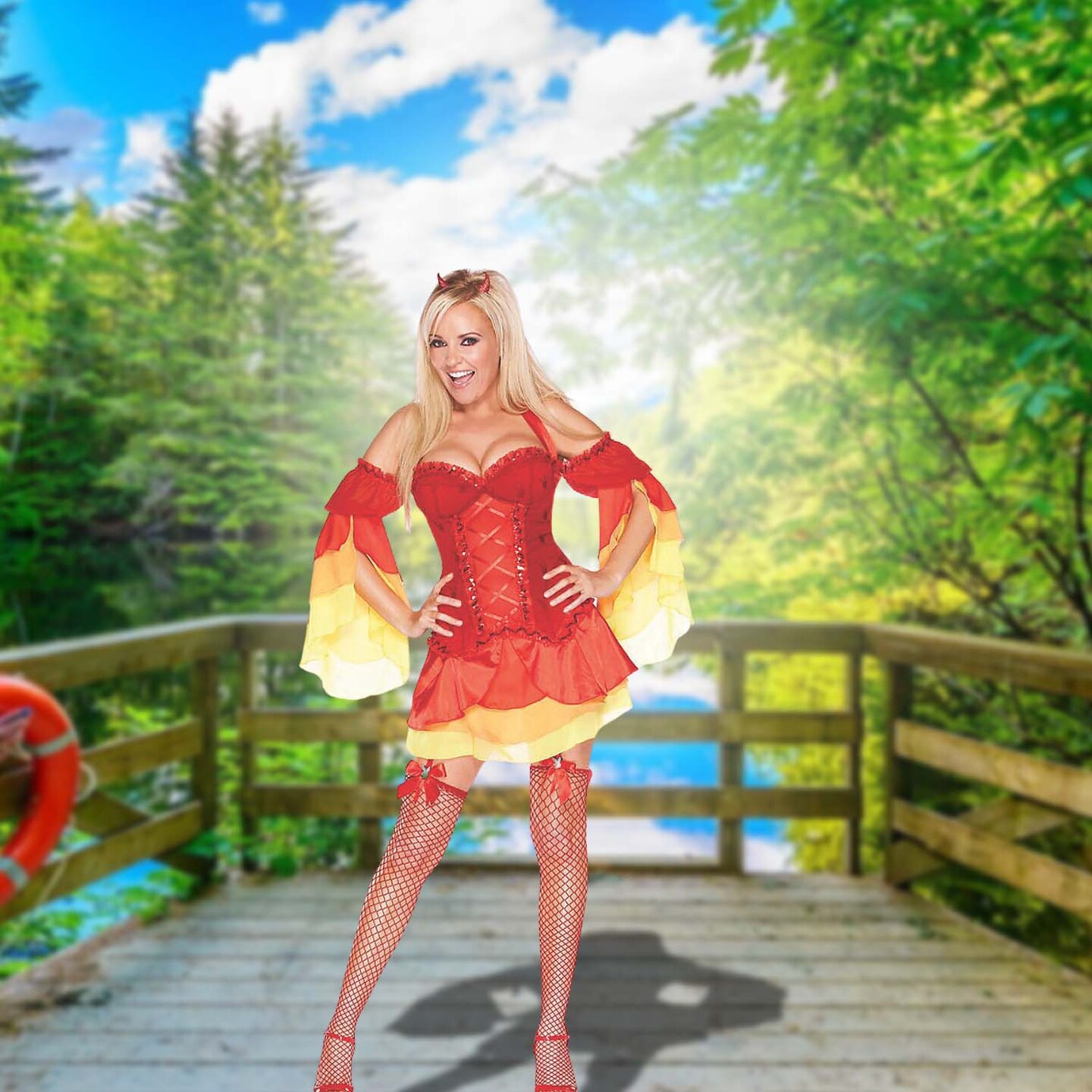 Women Devilicious Costume Red Gossamer Corset Dress with Ruffled Skirt and Horns