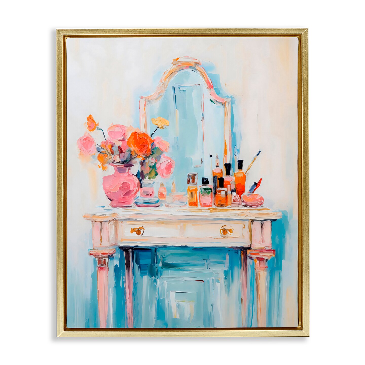 Stupell Industries Vanity with Cosmetic Bottles Black Framed Floater Canvas Wall Art, design by Creative Studio